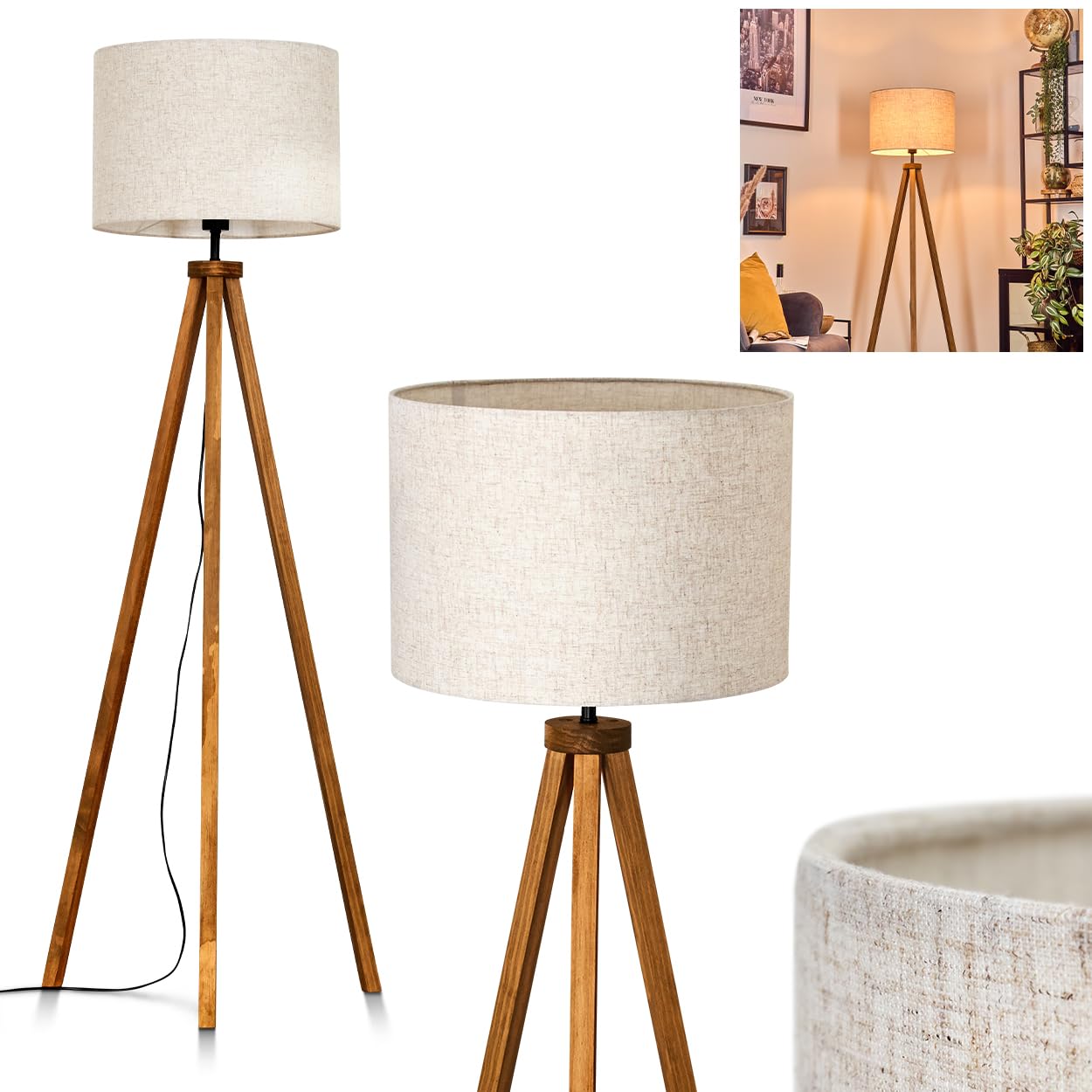 Stehleuchte Bassagoda, Stehlampe aus Holz/Stoff in Naturfarben/Beige, Leuchte im skandinavischen Design mit rundem Schirm (Ø 40 cm) u. Fußschalter, Höhe 154 cm, 1 x E27, ohne Leuchtmittel