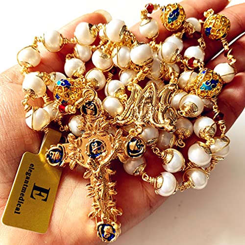 Elegantmedical Handmade Gold Wire Wrapped Bead Aaa White 9Mm Real Pearl & Enamel Bead Rosary Cross Necklace Box #TOP2