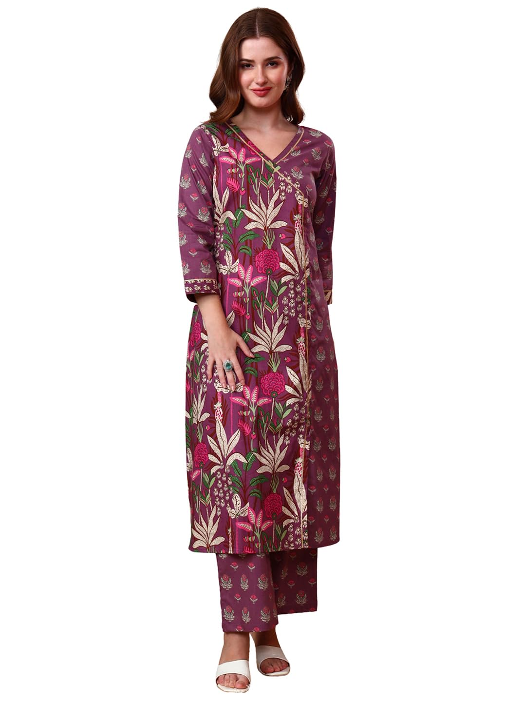 Women's Cotton Slub Floral Printed Dark Purple Kurta & Trouser Pants-image-2