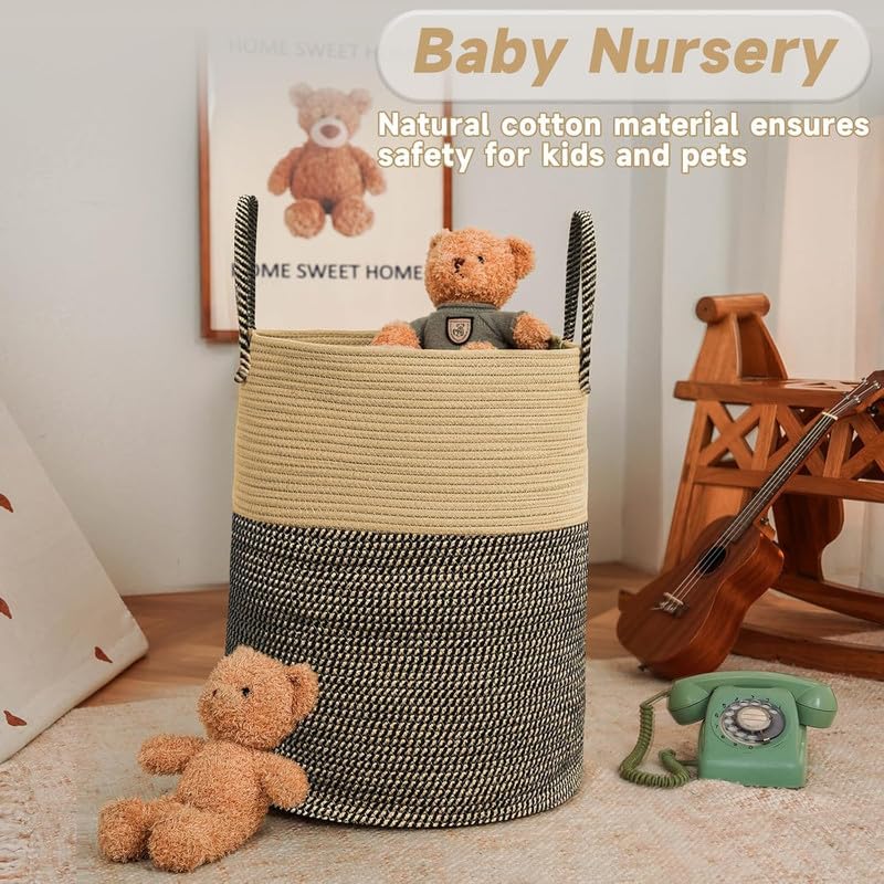Image of Storage Rope Laundry Hamper Basket for Clothes, Towels and Blankets in Livingroom, Bedroom, Laundry Room and Basket for Nursery Storage (Size - 14 inch x 14 inch x 18 inch) (Black Beige Mix)