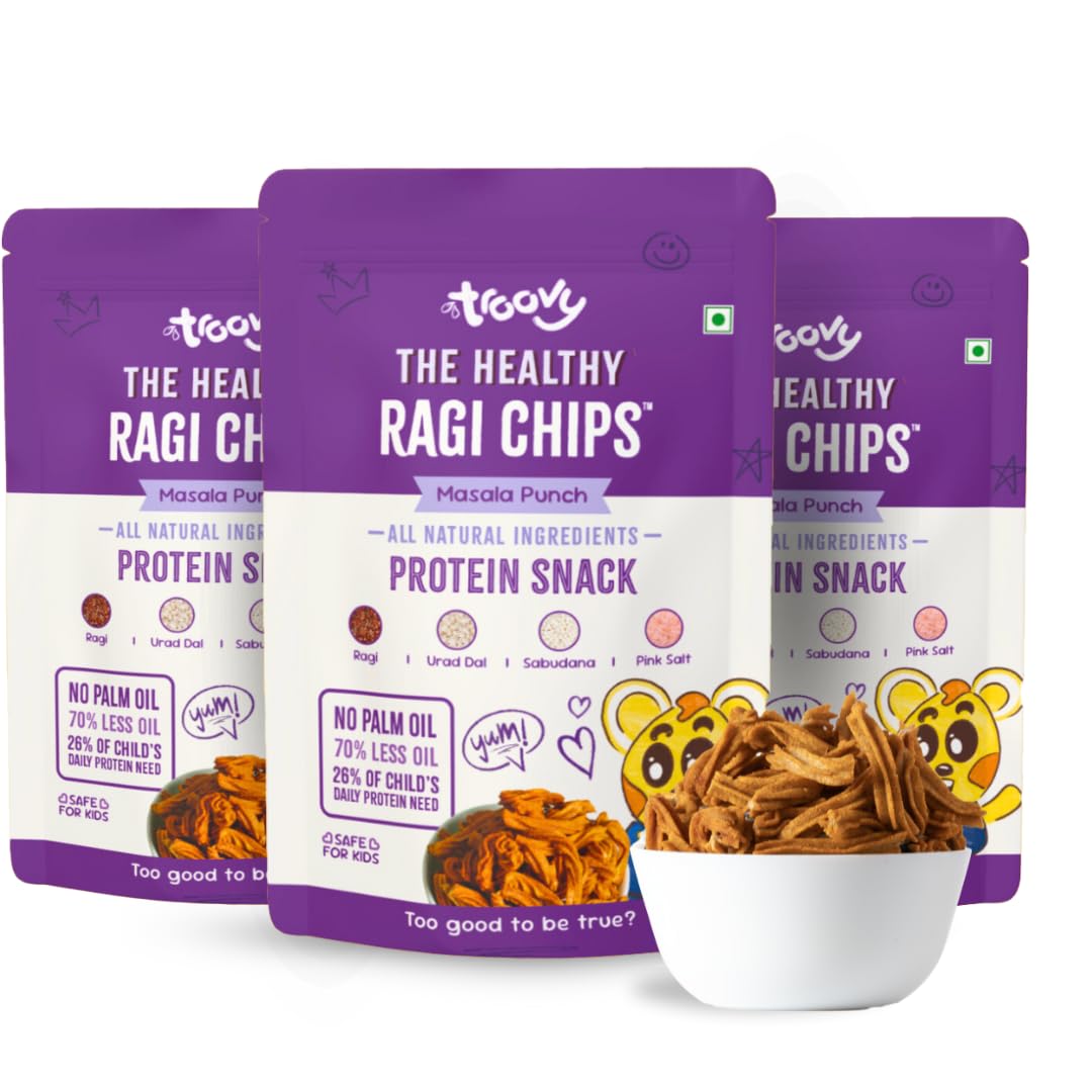 Troovy Healthy Ragi Chips | Tasty & High Protein Snacks | 30% Of Protein Needs | No Palm Oil, Cholesterol or Trans Fats | No Junk & Chemicals | Made with Ragi | Masala Flavoured | 3 packs X 70 grams Troovy Healthy Ragi Chips | Tasty & High Protein Snacks | 30% Of Protein Needs | No Palm Oil, Cholesterol or Trans Fats | No Junk & Chemicals | Made with Ragi | Masala Flavoured | 3 packs X 70 grams