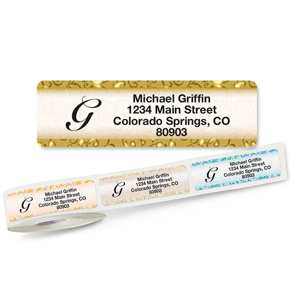 Stately Elegance Initial Rolled Personalized Return Address Mailing Labels with Dispenser, Set of 250, 5 Designs, Small ¾ x 2½ Inch Size, Custom