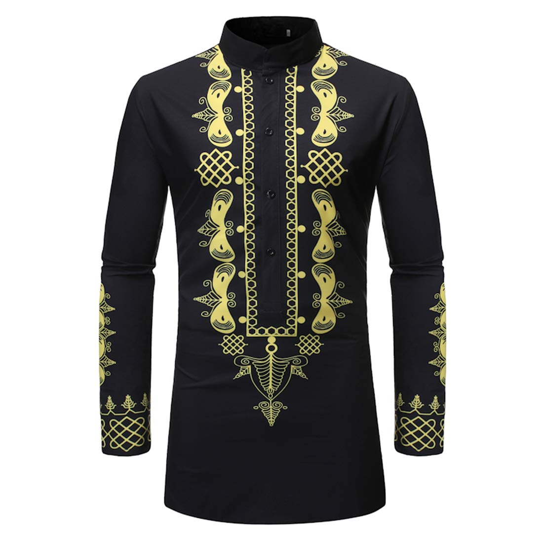 Ppppa Men's A-Black Muslim Bronzing Shirts, Arab Islamic Long Sleeve Kaftan Robe African Print Clothes Muslim Shirts Loose Long Sleeve Dashiki Top Arab Islamic Short Robe African Print Zipper Kaftan Thobe