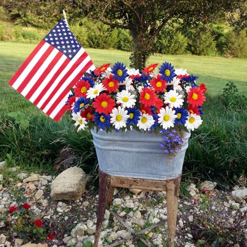 Image of 4 Bunches Memorial Day Flowers for Cemetery 15 inch Red White and Blue Artificial Flowers Faux Daisies Silk Flowers for 4th of July Table Decorations Indoor Outdoor