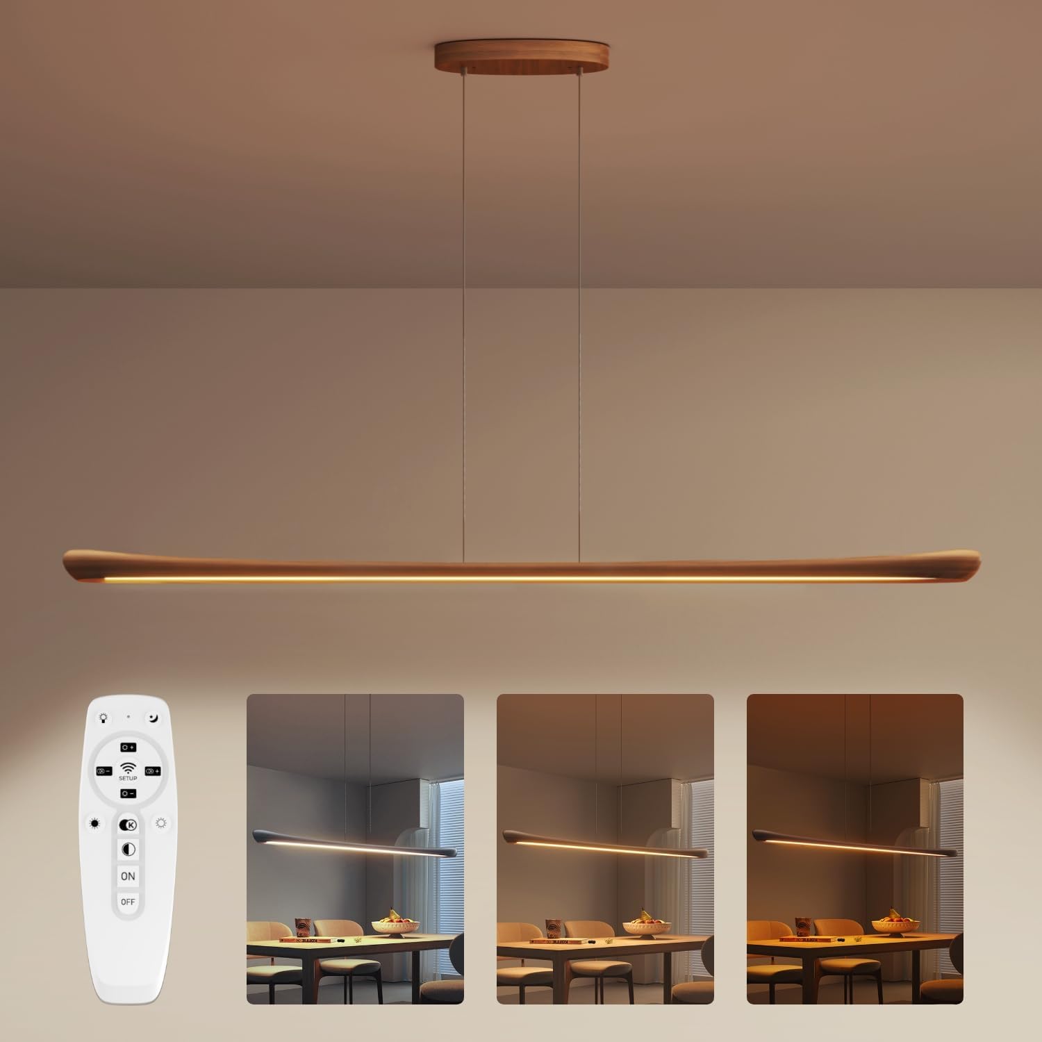 54" Wood Linear Pendant Light Kitchen Island Dimmable Dining Room Light Fixture with Remote?Adjustable Kitchen Island Chandelier 30W for Dining Room Bar Pool Table Light Walnut Color Walnut 54in