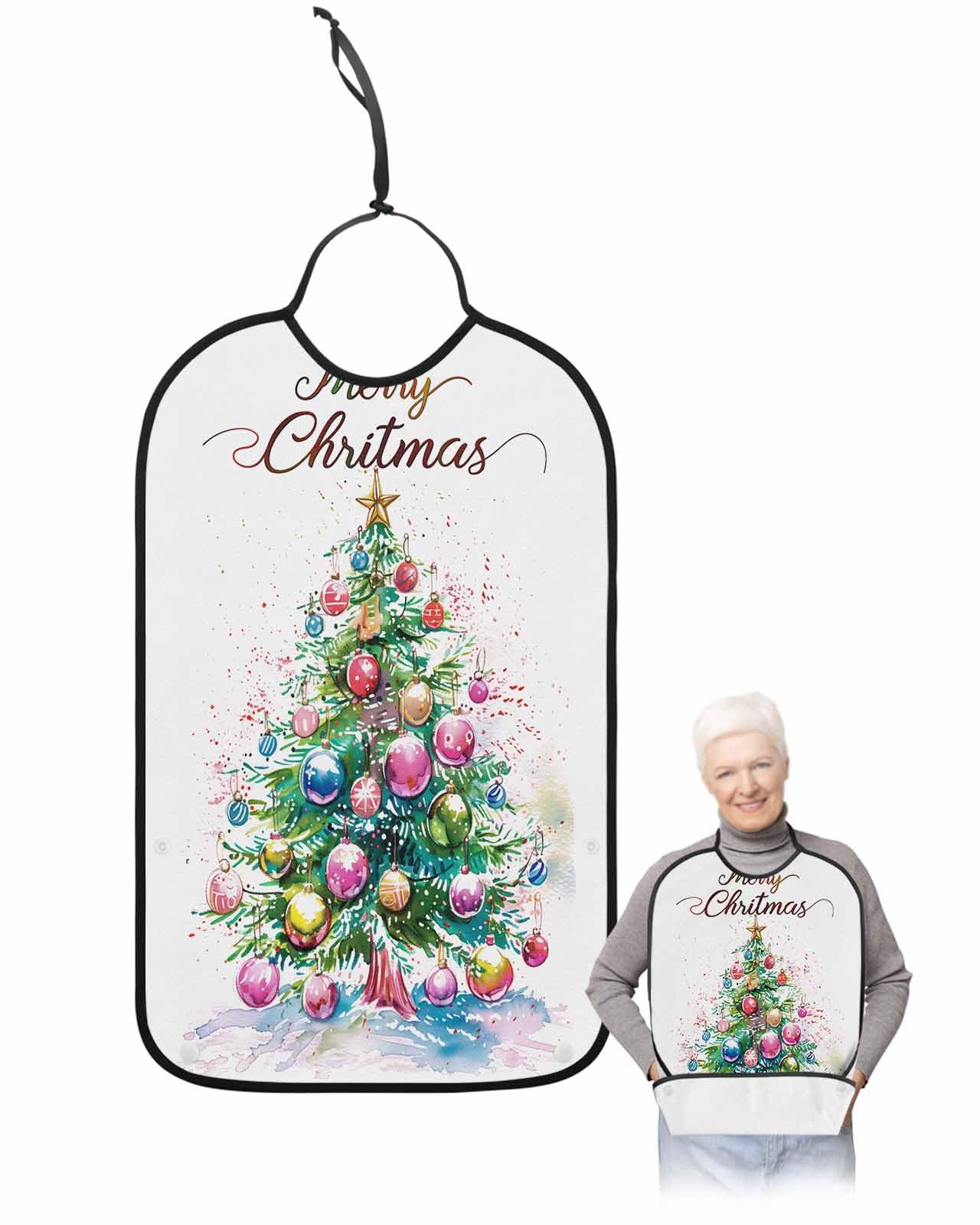 Merry Christmas Adult Bib for Adults Men, Women, Colorful Xmas Tree Watercolor White Washable & Adjustable Terry Cloth Bib with Crumb Catcher Reusable Waterproof Clothing Clothes Protector Apron