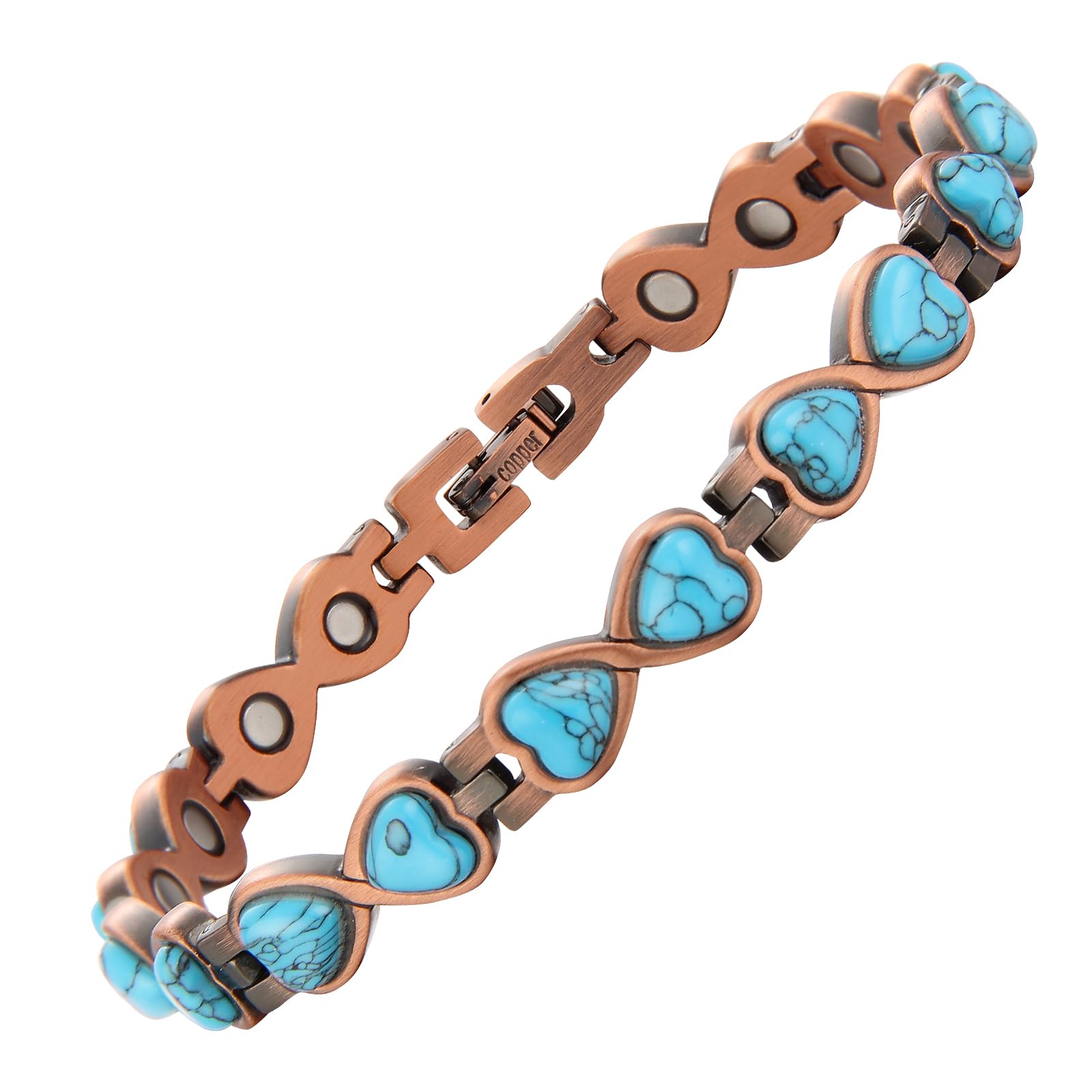 MagEnergy Bracelet en cuivre pour femme 3500 Gauss Aimants Puissants Motifs d'amour infini Turquoise