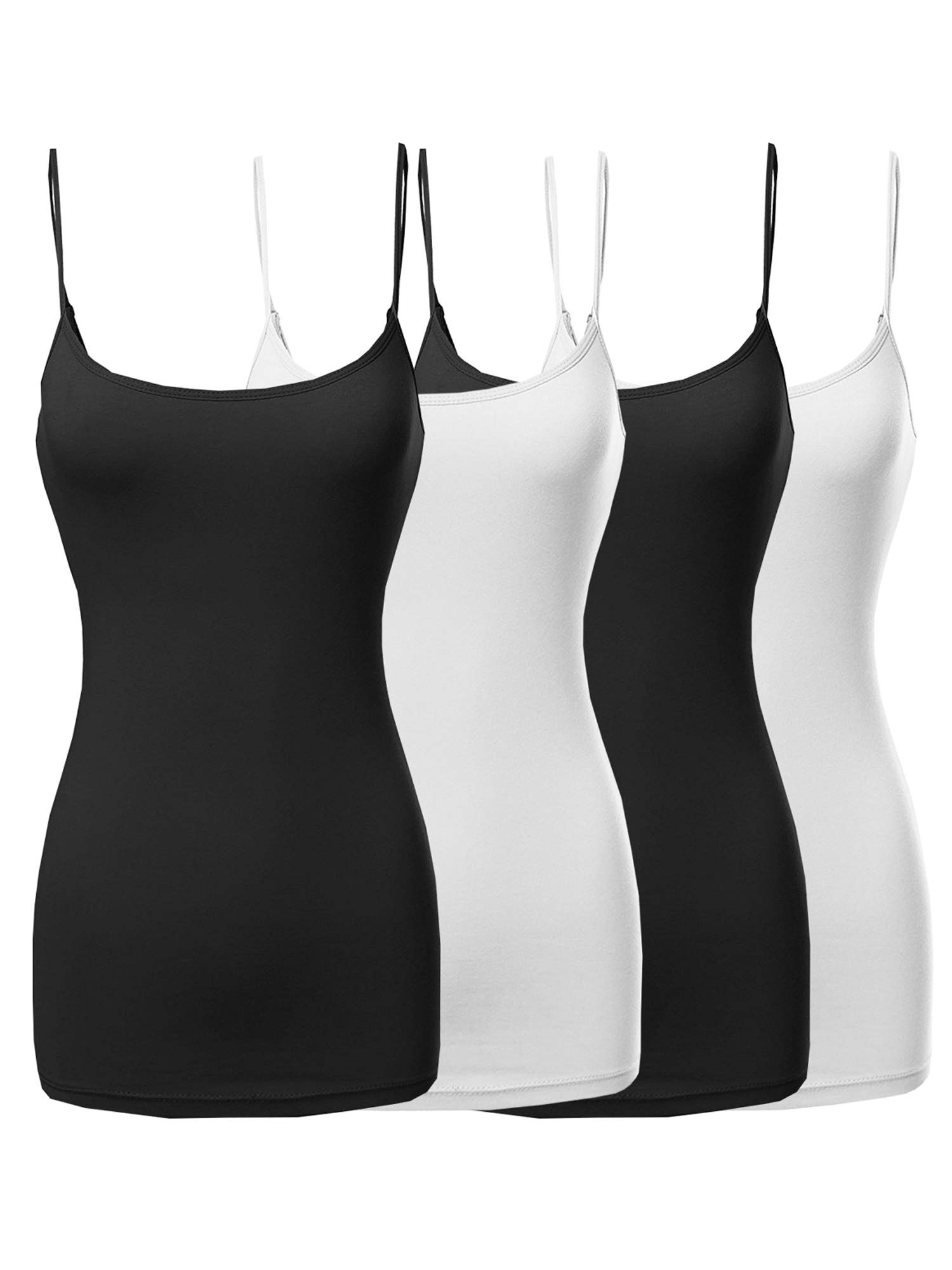 The Lovely Womens Juniors Basic Solid Long Length Adjustable Spaghetti Strap Tank Top 4PK - Black White Black