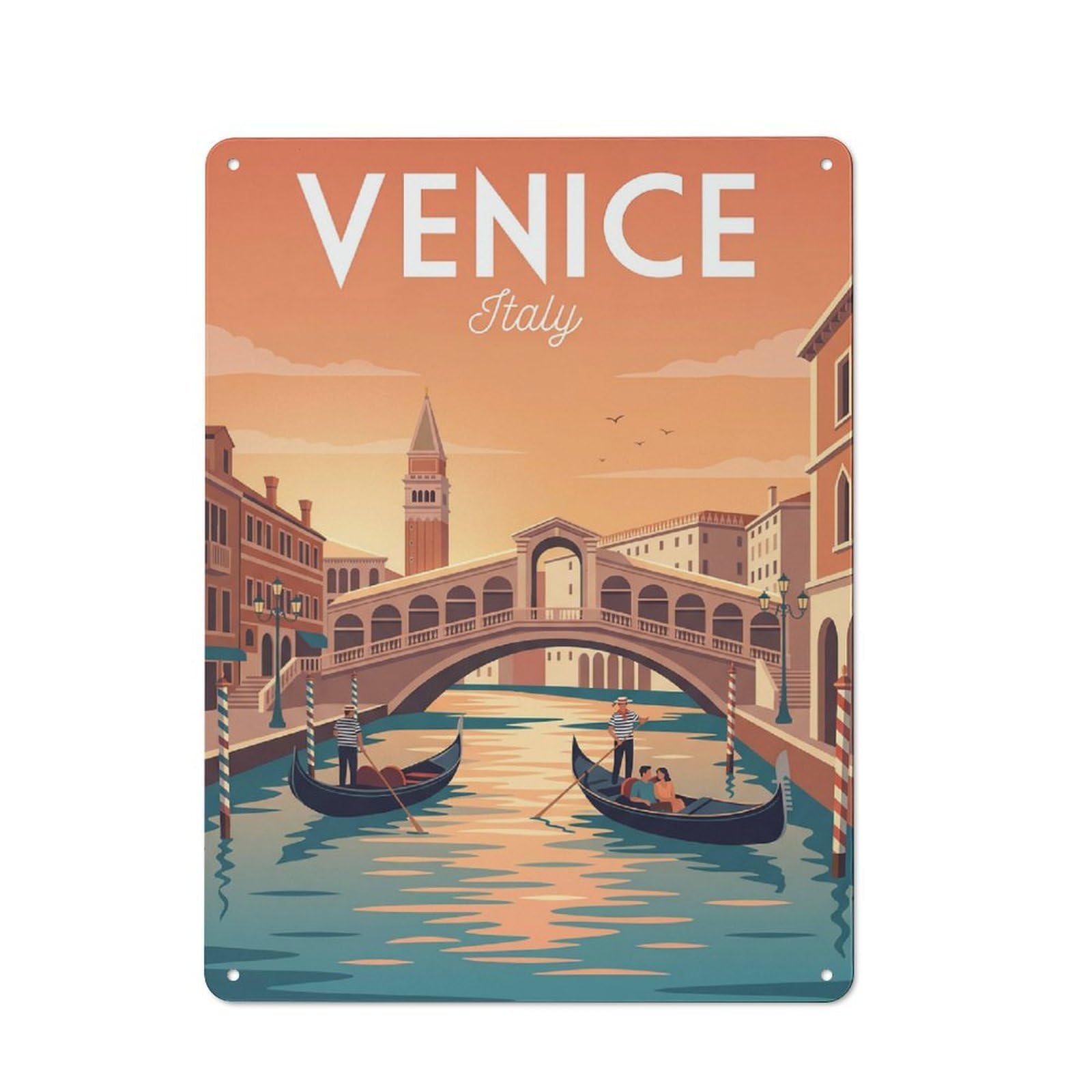 Junmoney Style-5 Tin Sign With Venice Canal With Gondolas And Bridge Design 40X30cm, Understated Studio Wall Plaque For Hobby Room, Office, Lounge Or Living Room