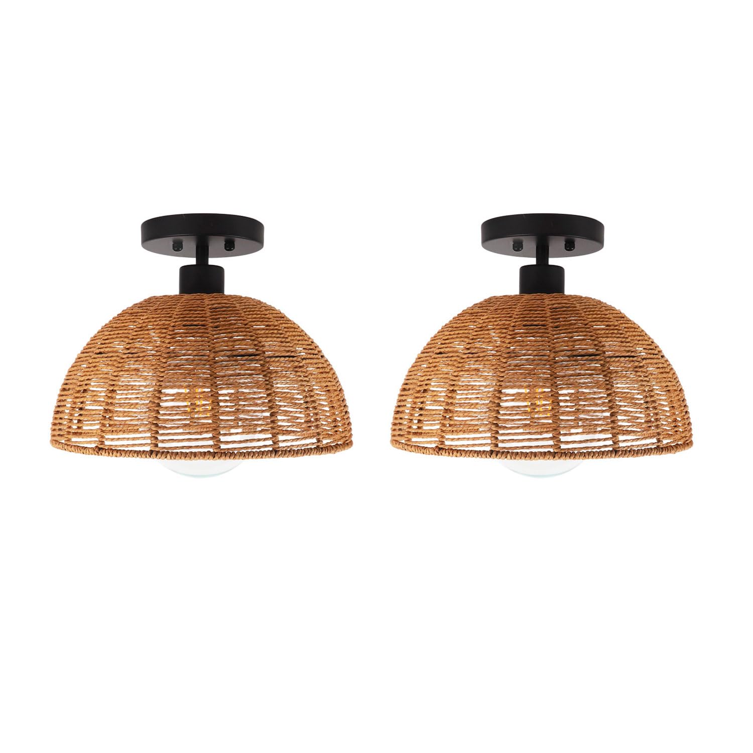 HXYSXHJUO Rattan Ceiling Light Fixtures 2 Pcs Close to Lamps Handwoven Wicker Semi Flush Mount Lamp Coastal Boho Chandeliers for Farmhouse Bedroom Hallway Entryway Kitchen