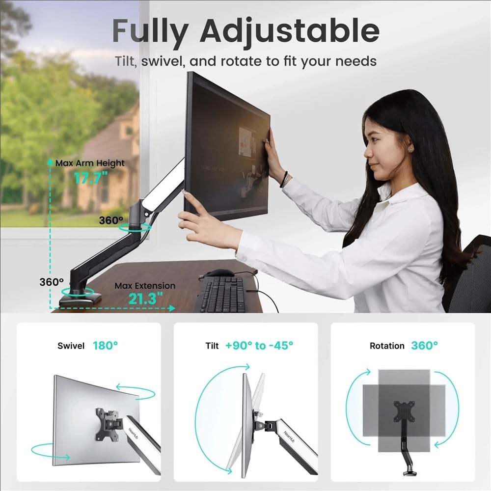 Staffa di montaggio a braccio singolo, regolabile a 180°, girevole a 360°, supporto per monitor