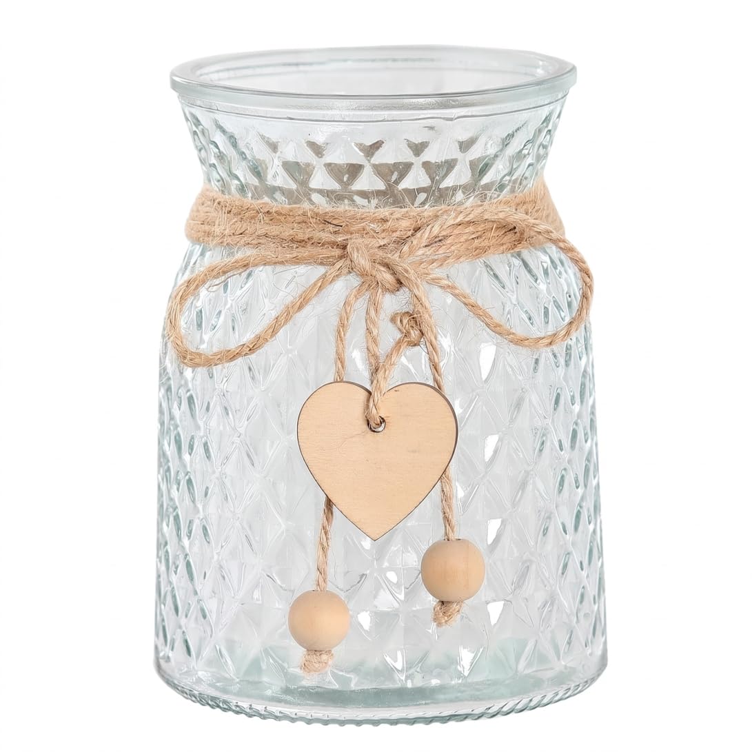 Syutokul Small Flower Vase, Clear Glass Vase with Rope Heart Bead Decor & Irregular Texture for Centerpieces, Transparent