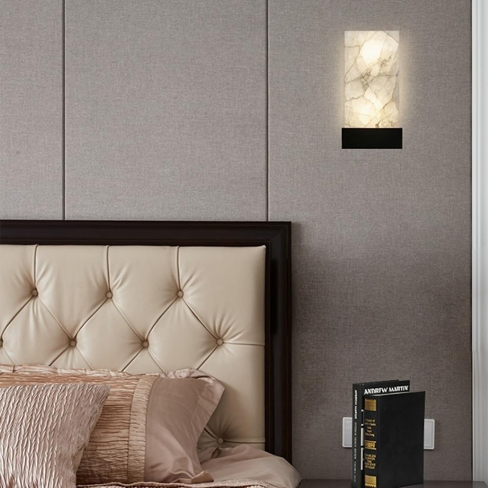 Applique da Parete per Interni in Marmo Naturale Lampada da Parete in Pietra Dorata E Nera Lampade da Comodino Moderne in Alabastro Bianco Lampada da Parete per Bagno Camera da Letto Soggiorno Corri