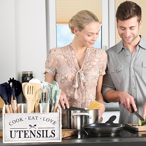 Miniatura 6 de Organizador de utensilios de cocina de granja, soporte para utensilios de encimera de madera maciza, soporte de cuchara de 3 compartimentos para