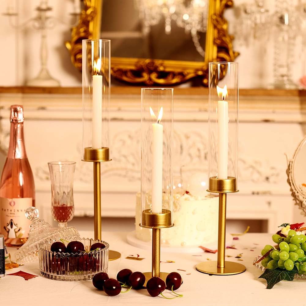 Gold Hurricane Candle Holders 3pc,Taper Candle Holders Candlestick Holders Wedding Table Centerpiece Decoration Christmas Party
