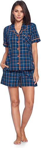 Ashford & Brooks Women's Short Sleeve Pajamas Shorts Set | Woven Plaid Sleepwear