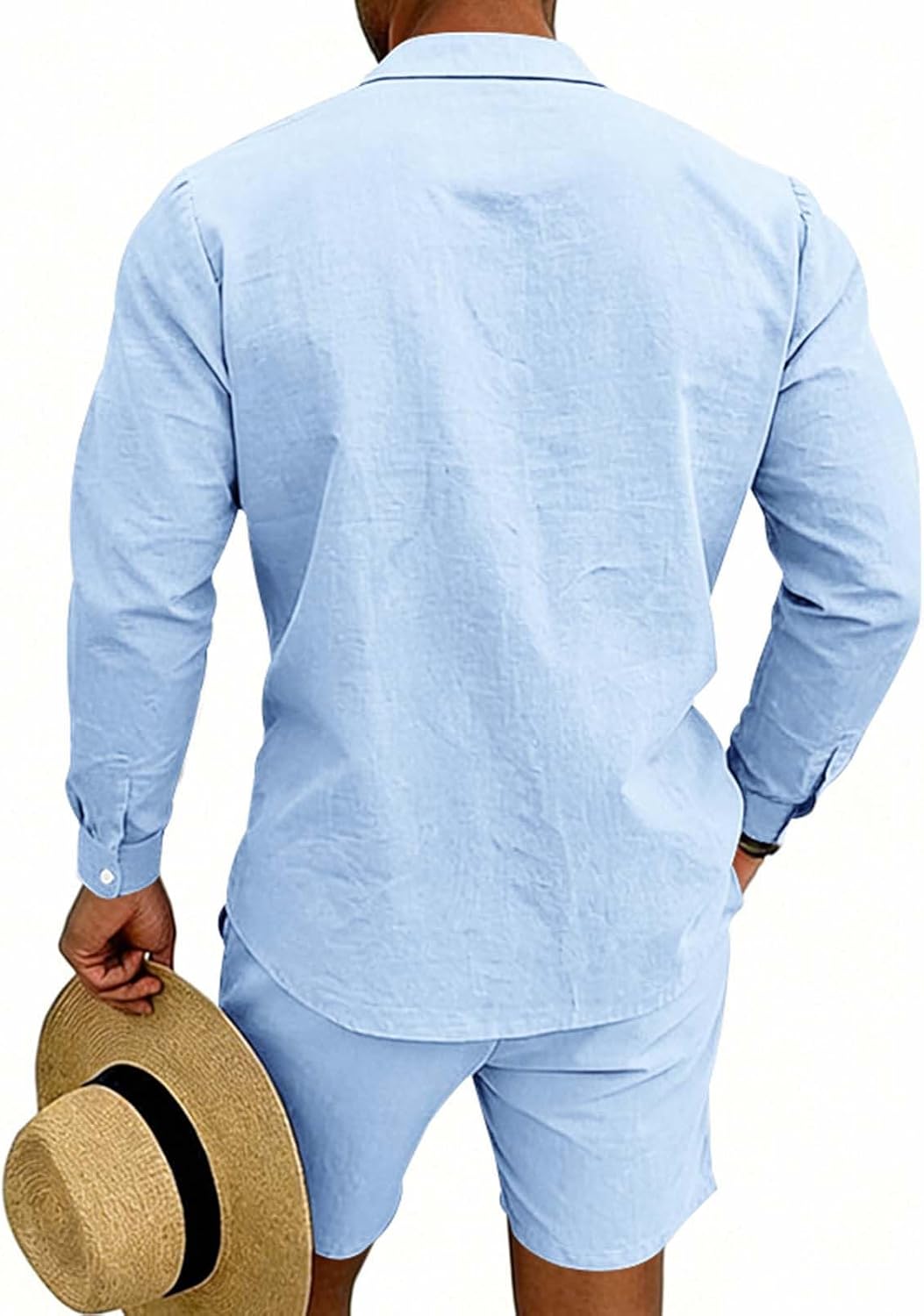 Cambkatl Men's Summer Lightweight Linen Sets, Long Sleeve Loose Lapel Button Down Shirts & Shorts Beach Vacation Outfits
