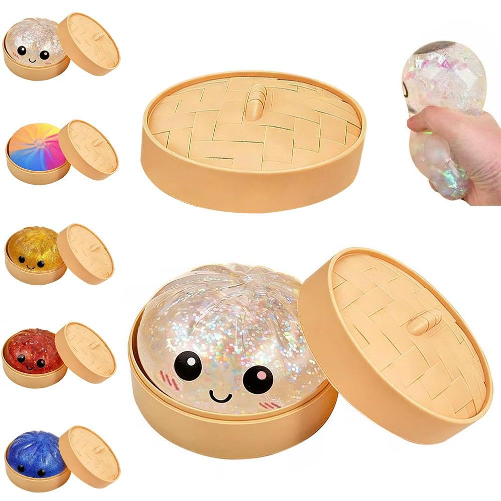 Glitter Dumpling, Dumplings Squishies, Mystery Glitter Dumpling Steamer Box, Colorful Dumplings Stress Balls Fidget Sensory Toy, Soft Squeeze Decompression Dough, Easter Basket Stocking Stuffers