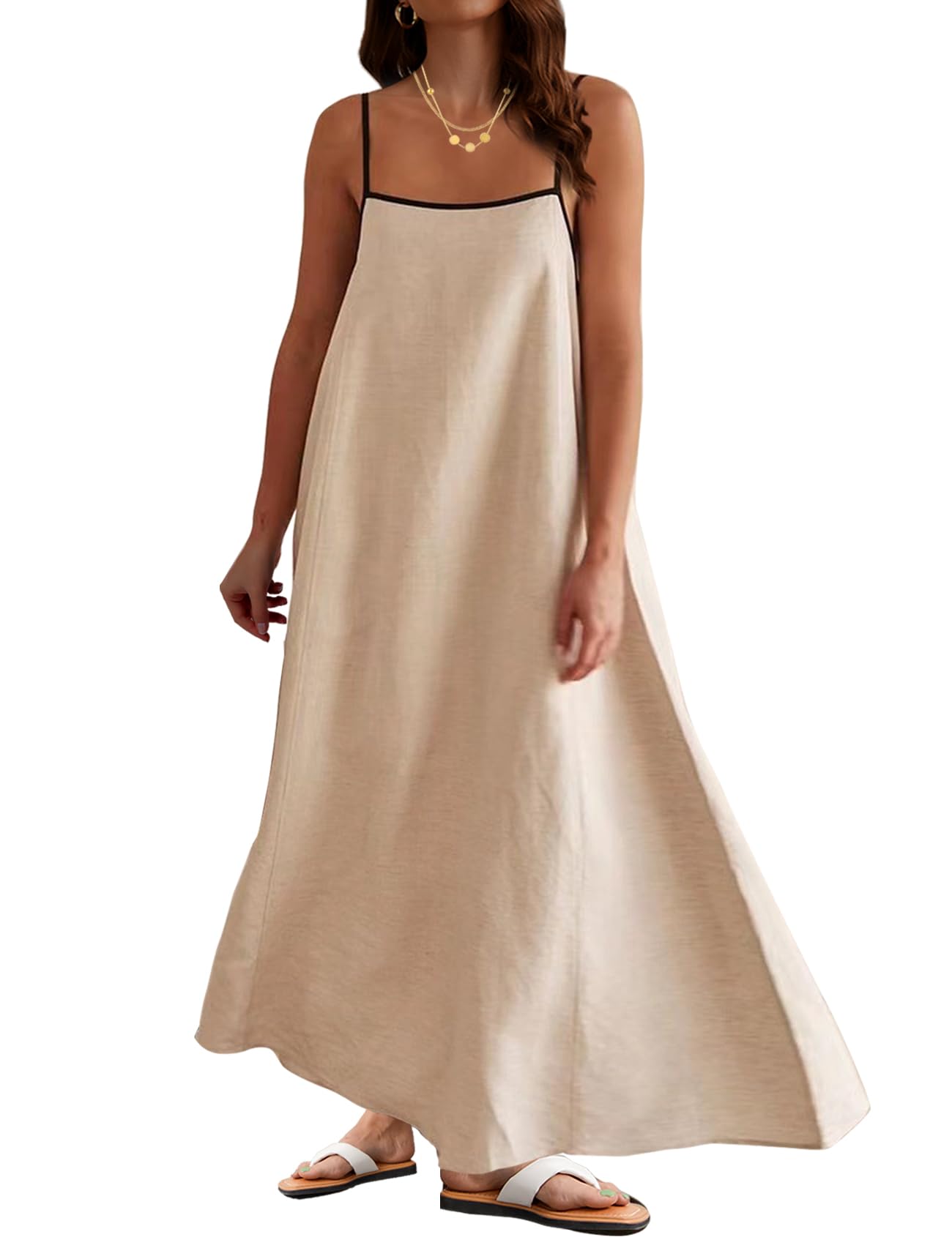 BQDCQB Womens Summer Maxi Dress 2025 Spaghetti Strap Dress Linen Sleeveless Backless Flowy Long Beach Dresses