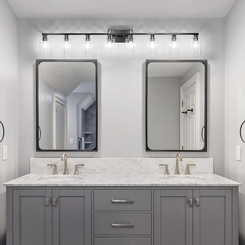 Miniatura 5 de Lámparas de baño de 8 luces, lámpara de tocador moderna de níquel cepillado, luces de pared de granja con pantalla de vidrio transparente, lámpara