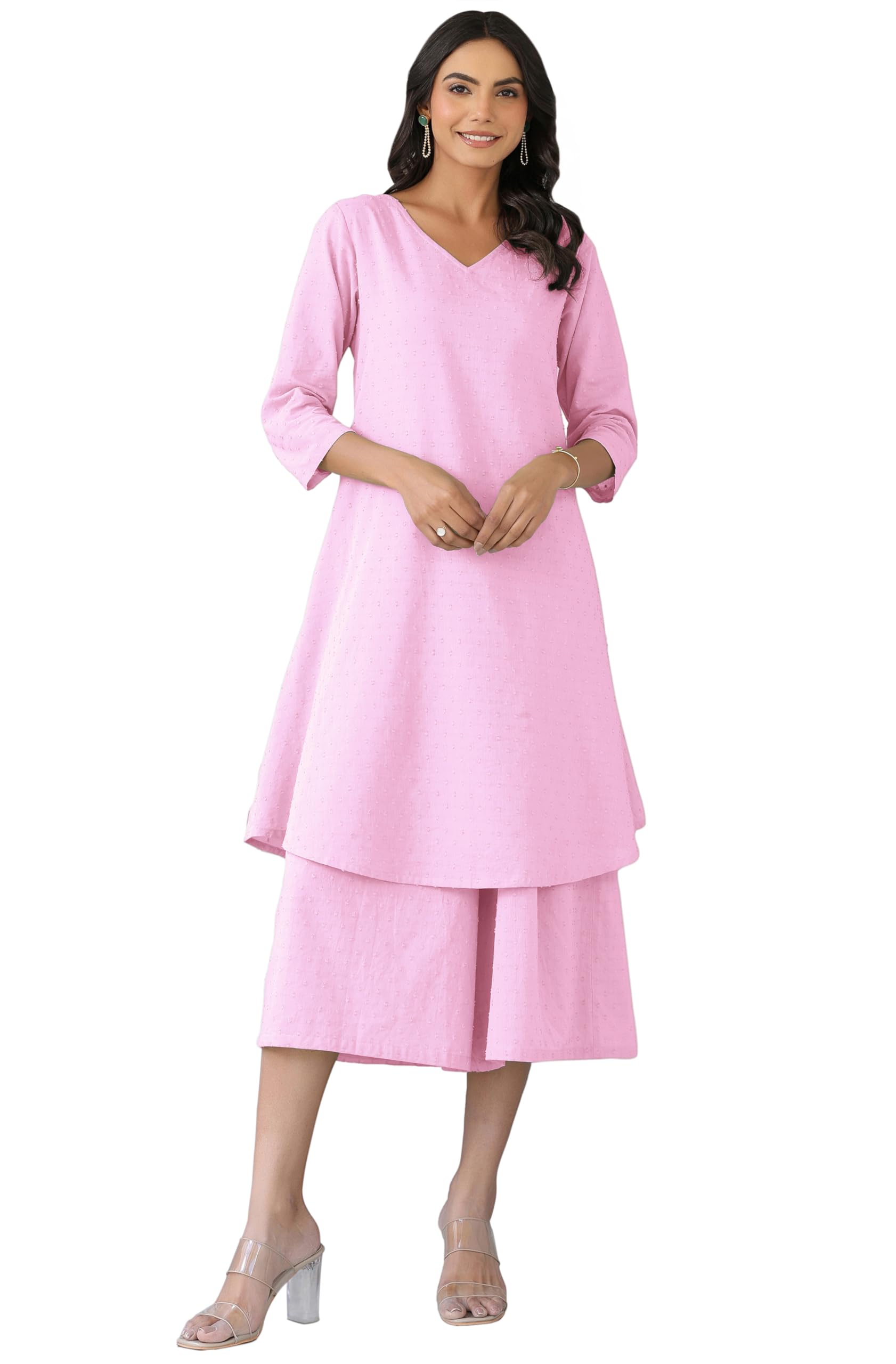 janasya Women's Dobby Pure Cotton Self Design A-line Kurta with Cullote Pant Set-picture-43