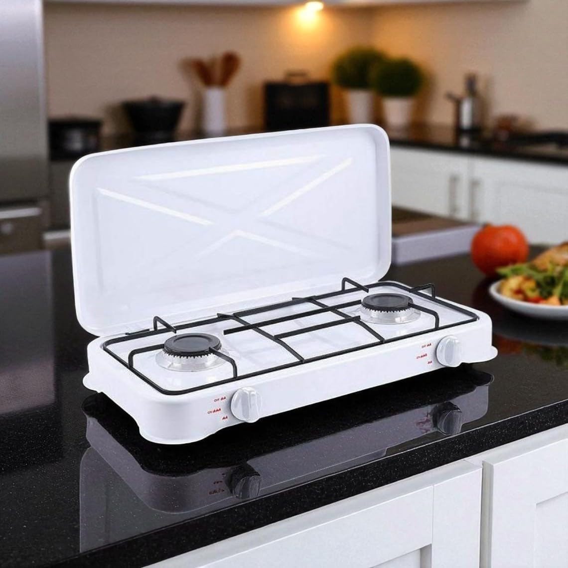 Cocina Hornillo de gas portatil para camping y exterior con 2 quemadores, placa de gas con tapa protectora, manguera de presión para butano incluiddo.