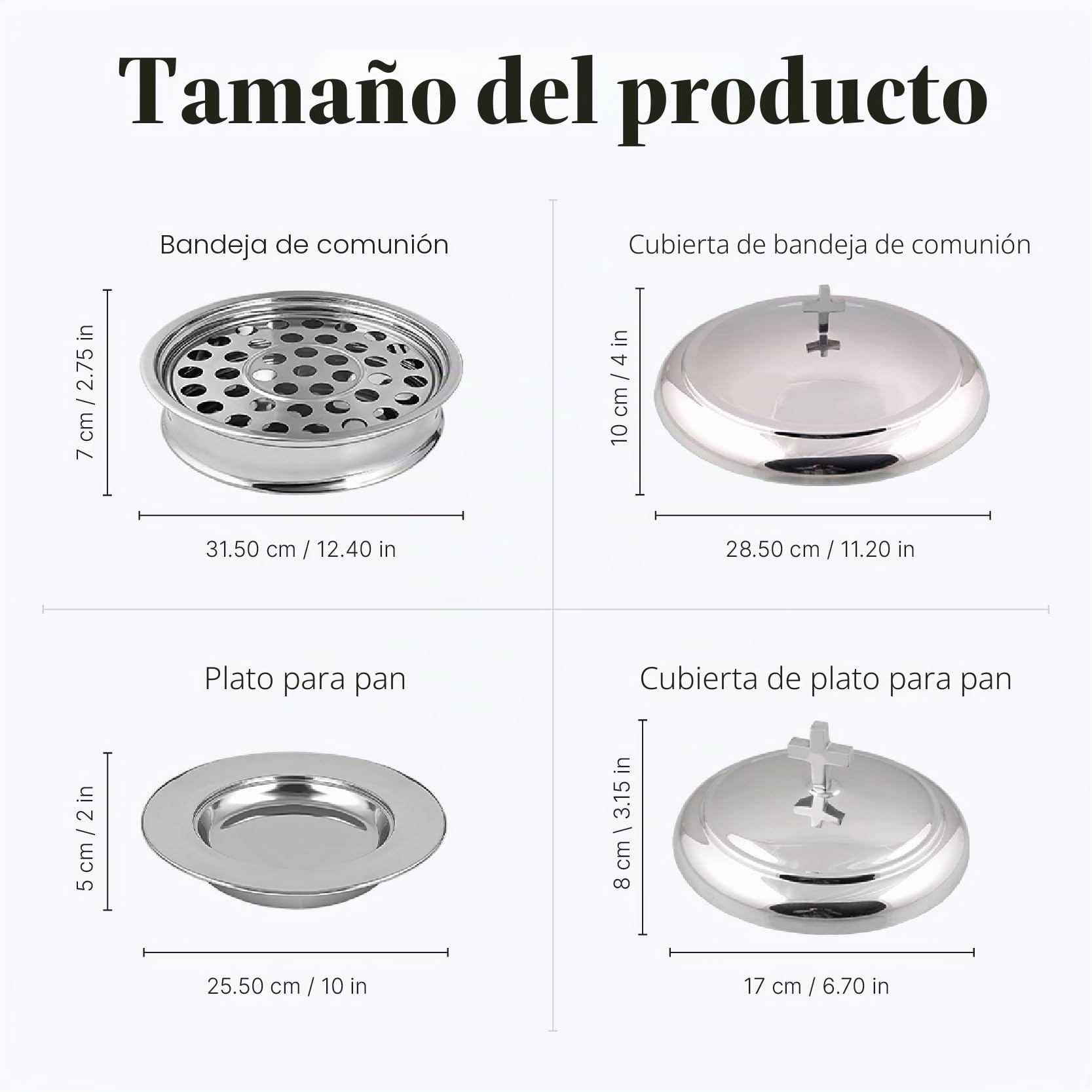 Communion Ware - Juego de 3 bandejas para servir con tapa y 2 platos apilables para pan con tapa, acero inoxidable, espejo/plata
