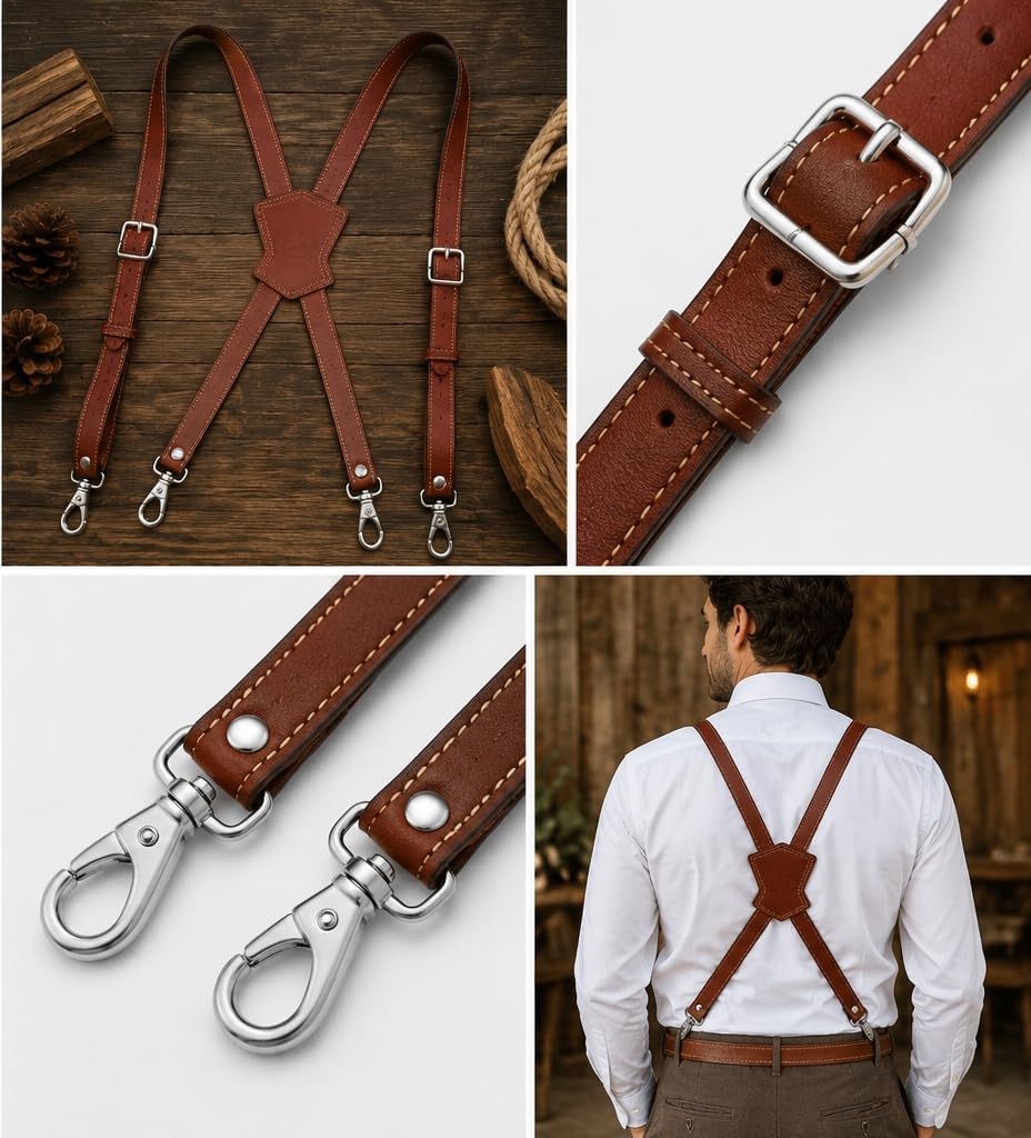 Leather Suspenders for Men Adjustable Y Back Suspenders Heavy Duty Brown Leather braces for men Wedding Gift
