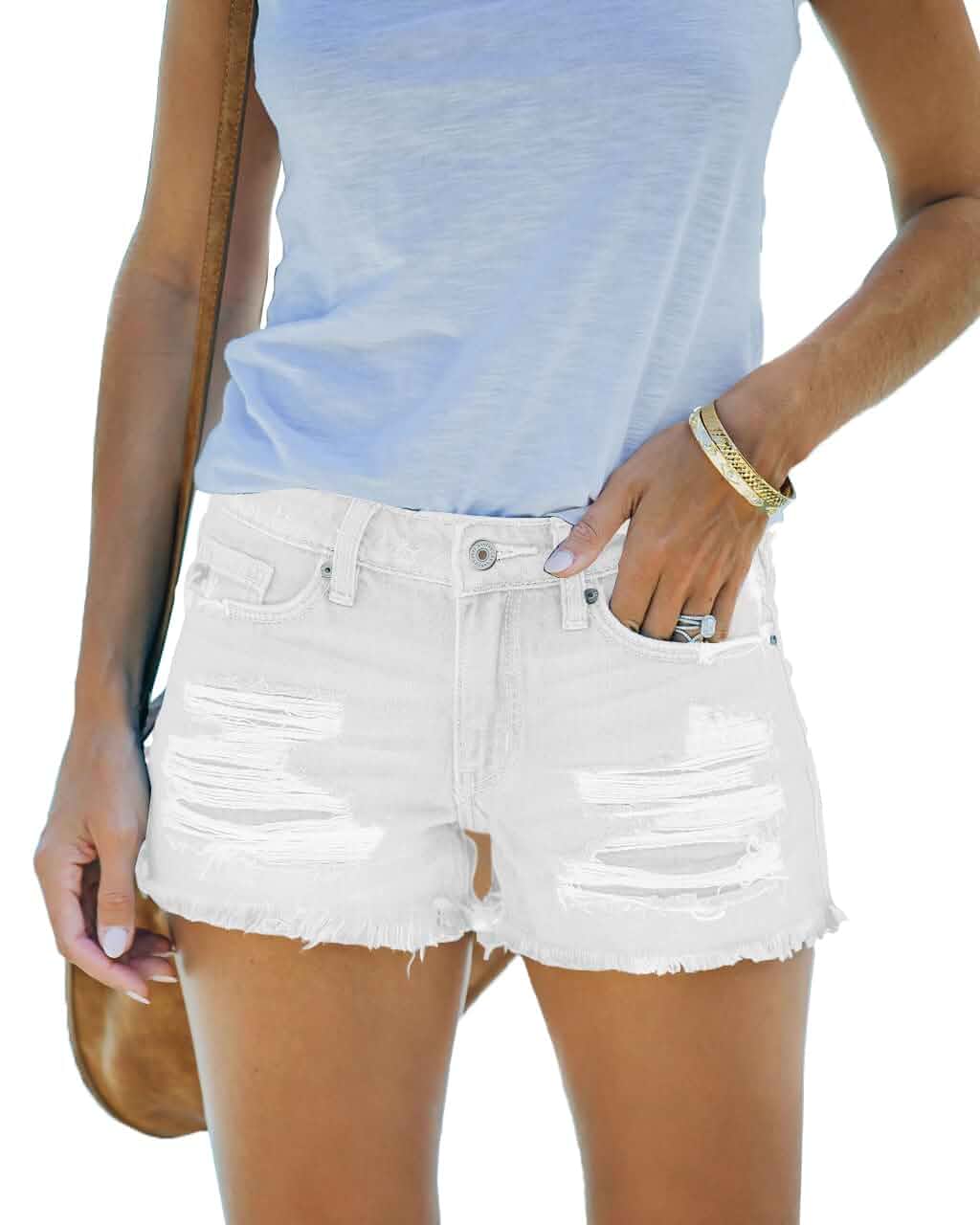 Dwnipkq Women’s Stretchy Ripped Mid Waisted Denim Shorts Casual Frayed Raw Hem Trendy Jean Shorts