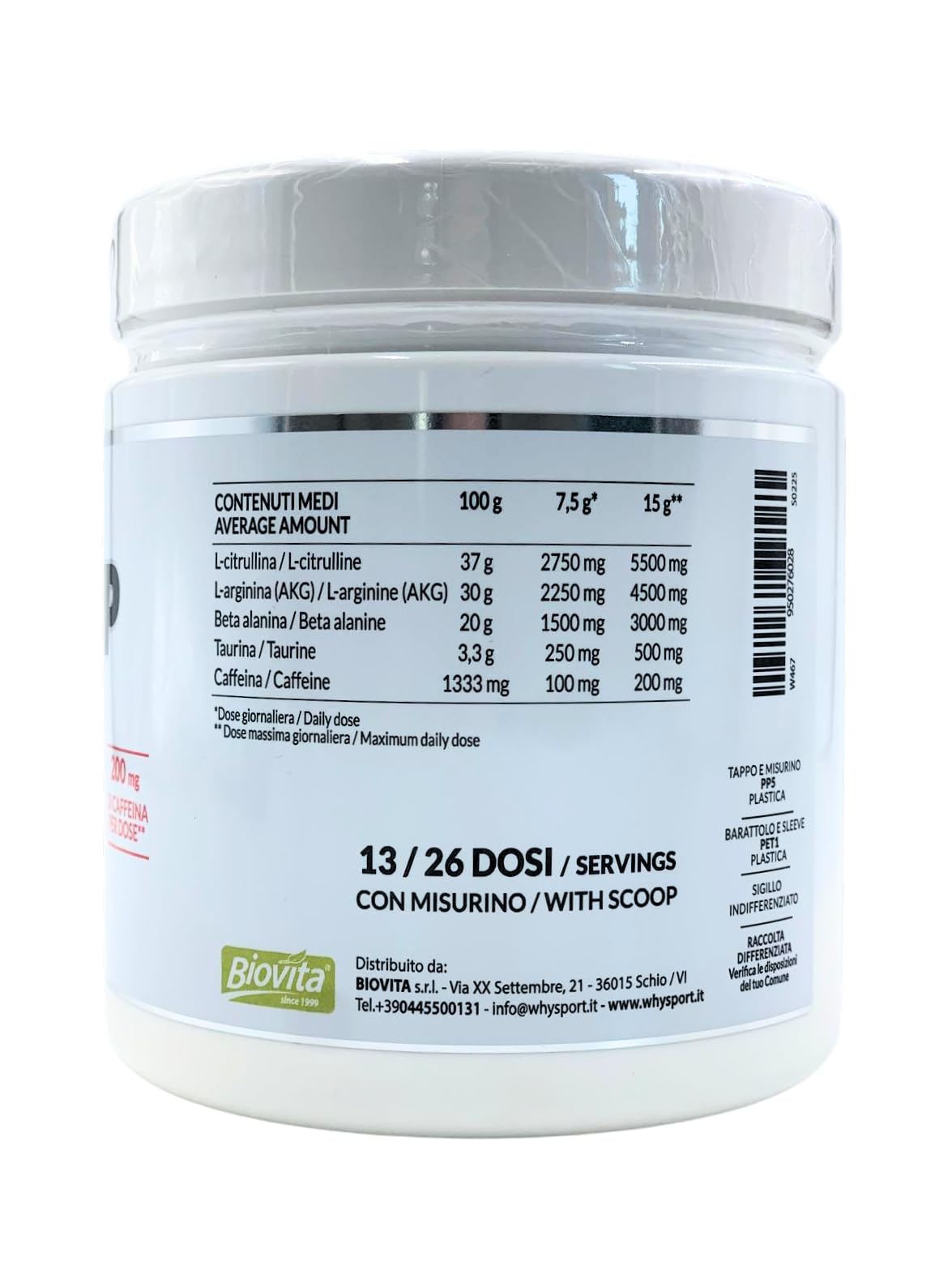WHY SPORT NITRO PUMP INFINITY - Integratore Alimentare in Polvere a Base di Citrullina e Arginina – Confezione da 200 gr - Gusto Arancia