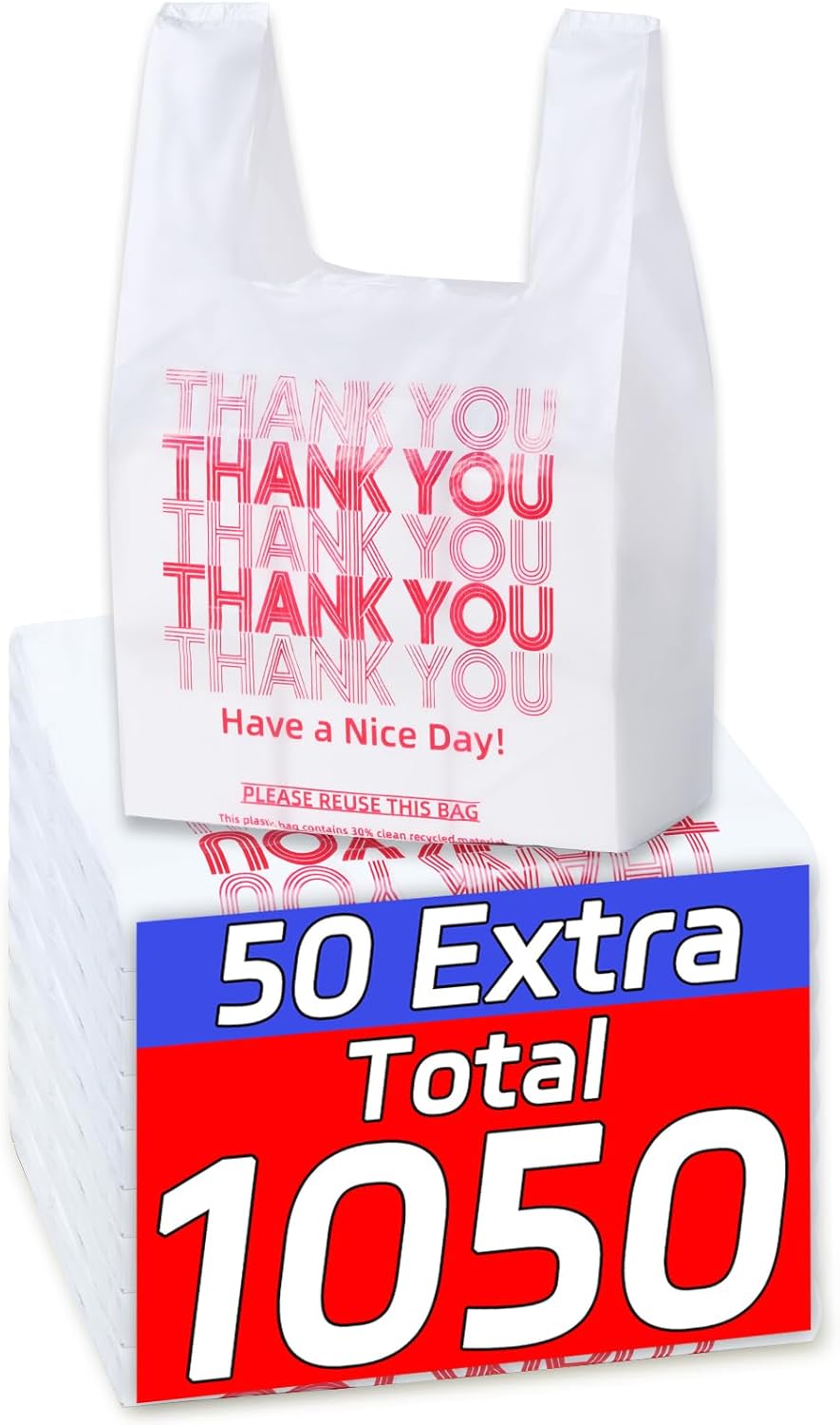 1050 Count Plastic Bags with Handles, T-Shirt bags, Thank You bag, Grocery bag, Shopping bag, for Small Business, White and Reusable, 1/6 Barrel, Large Size 11"x6"x21"