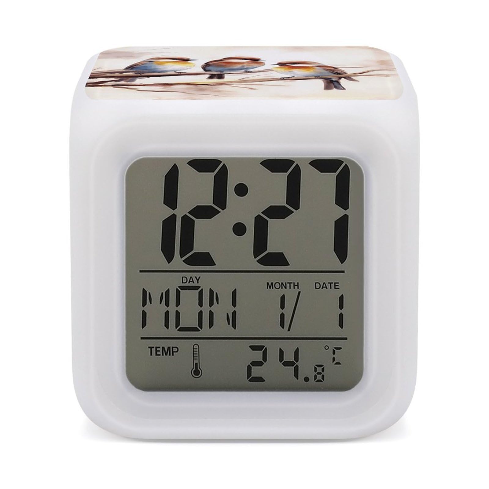 FekiLoot Birds Resting on Tree Branch Alarm Clock with 7 Color Changing Night Light,Battery Operated Digital Clocks with Temperature Display Tiny Electric Clock LED Sleep Timer for Room Decor