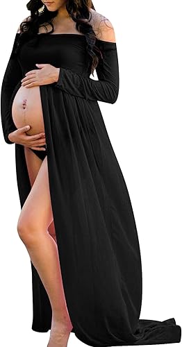 JustVH - Vestido largo de gasa de maternidad, con hombros descubiertos, para sesiones de fotos