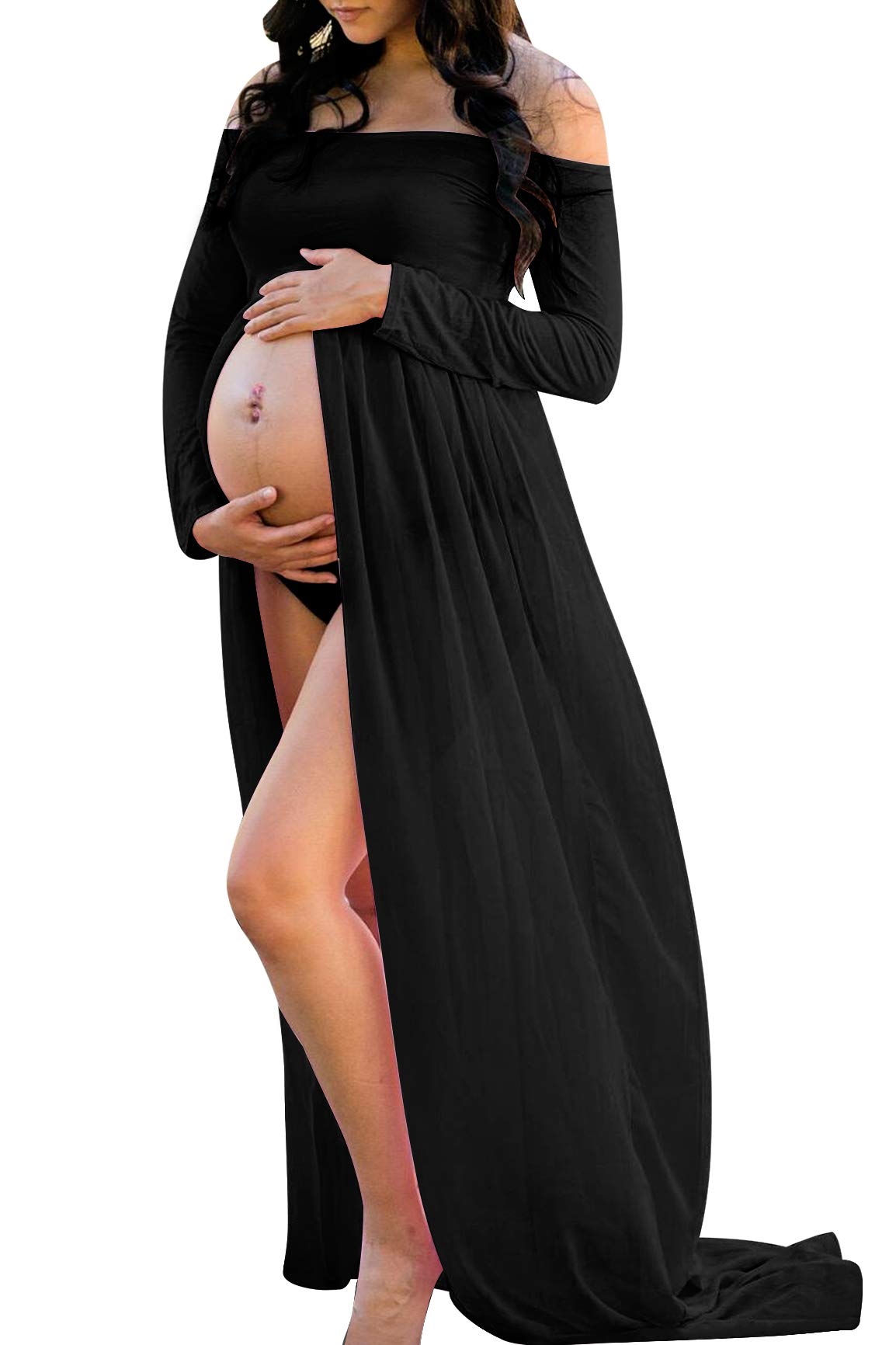 JustVH Maternity Off Shoulder Chiffon Gown Long Sleeve Split Front Maxi Photography Dress - Black - Medium