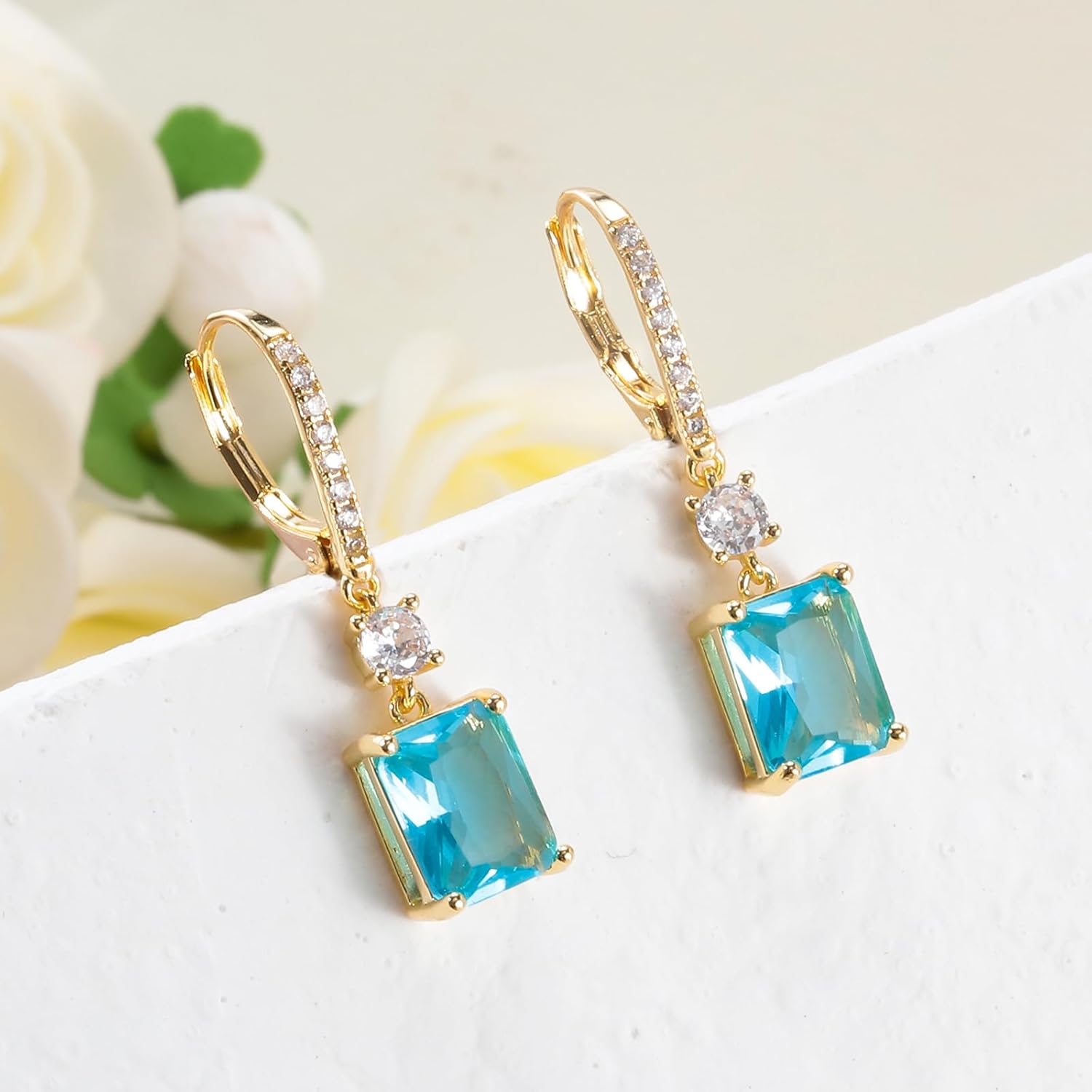 CiNily Rectangular-cut Drop Dangle Earrings for Women Hypoallergenic, Multi-color Cubic Zirconia Earrings Diamond Dangle Earrings Jewelry Gifts for Mothers Day 14K White Gold - Image 4