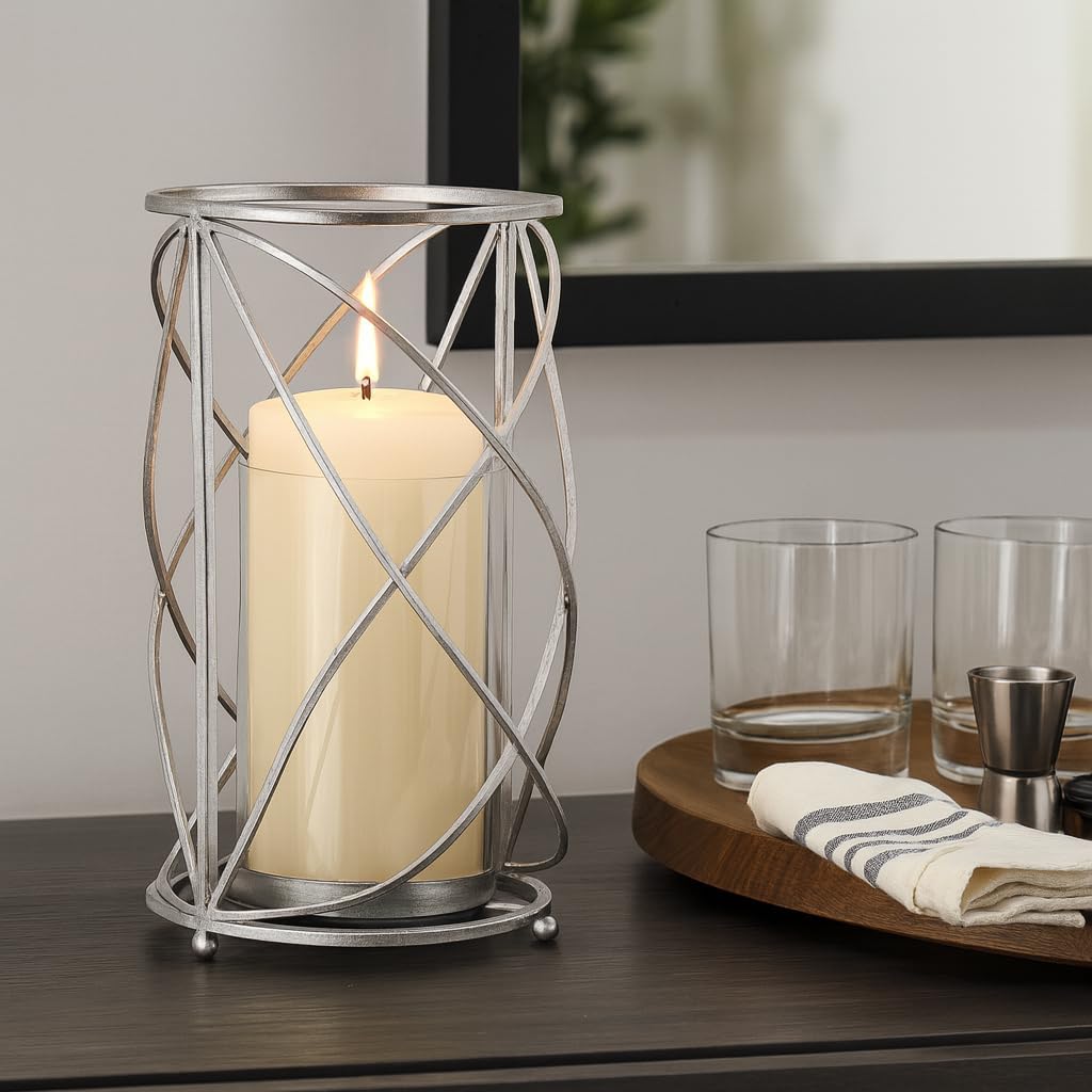 Sculptural Metal Hurricane Candle Holder for Table Centerpiece, Decorative Tall Candlestick Holder for Home Decor Accents, Elegant Candle Stand for Entryway or Any Occasion – 13", Silver
