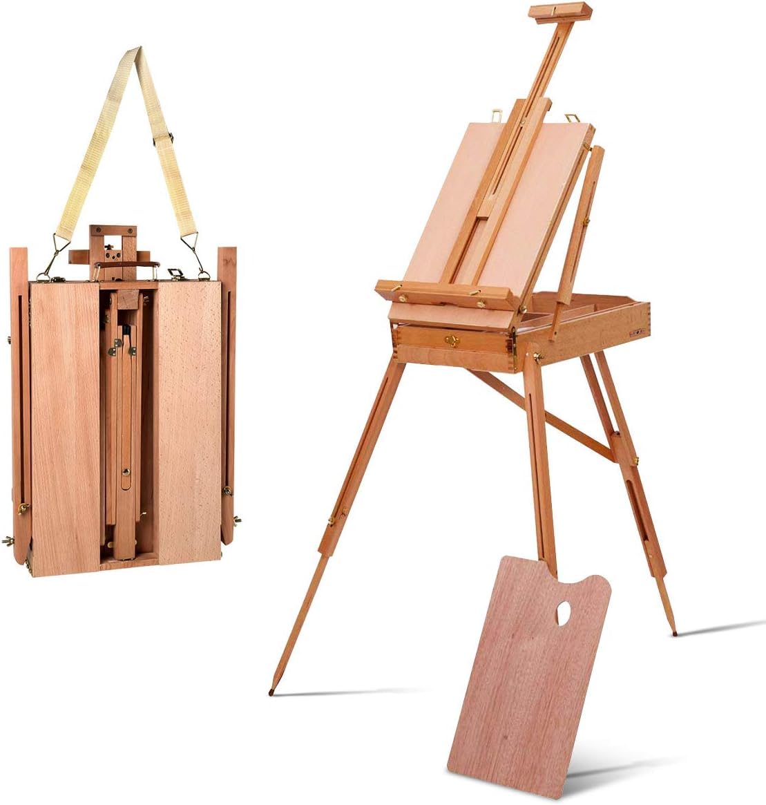 FANTASK Chevalet avec étagère et tiroir 71 x 114 x 180 cm, chevalet d'artiste en bois de hêtre, chevalet réglable pour toiles jusqu'à 86 cm