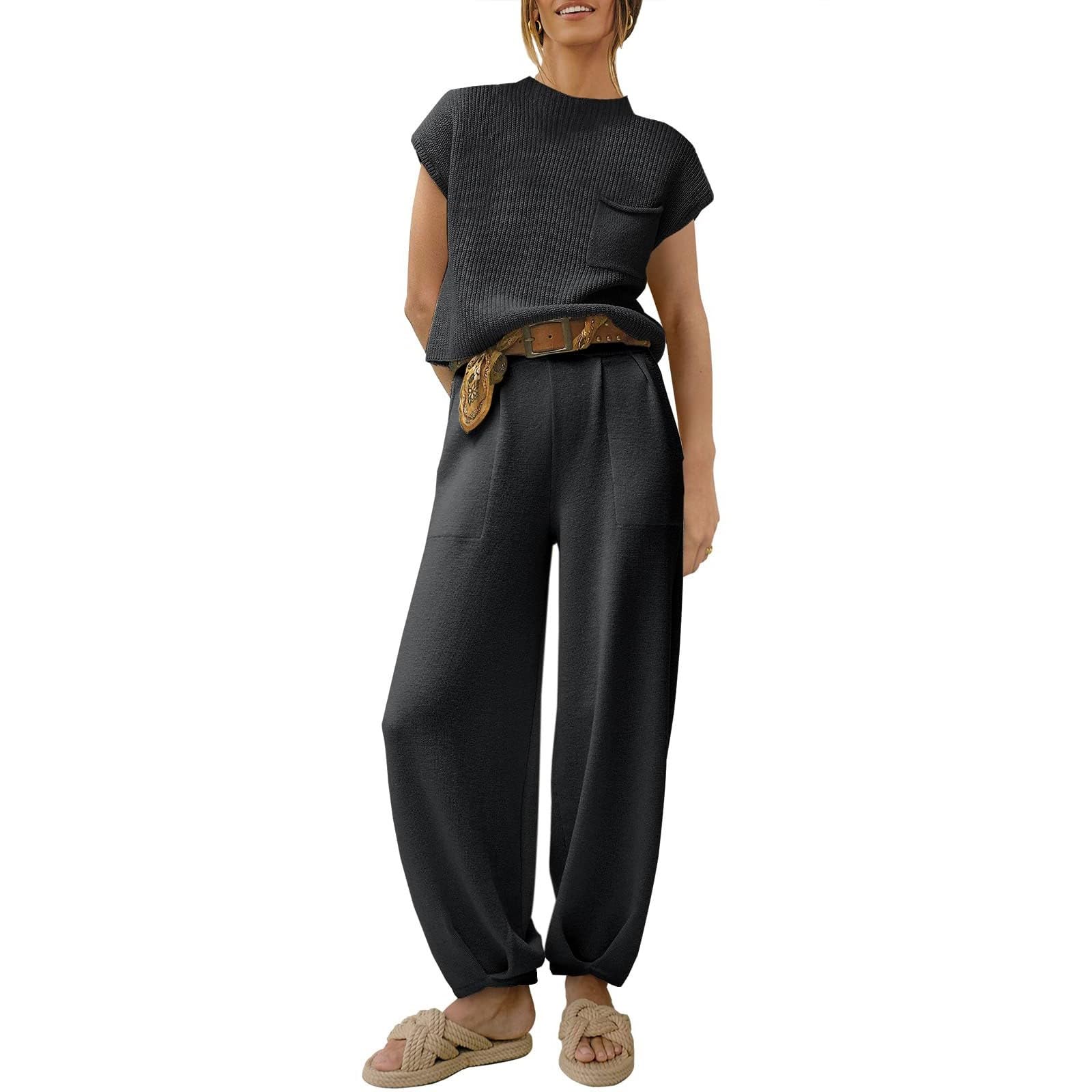Lounge Set Mujer Manga Corta Traje de Punto Dos Piezas Streetwear Traje