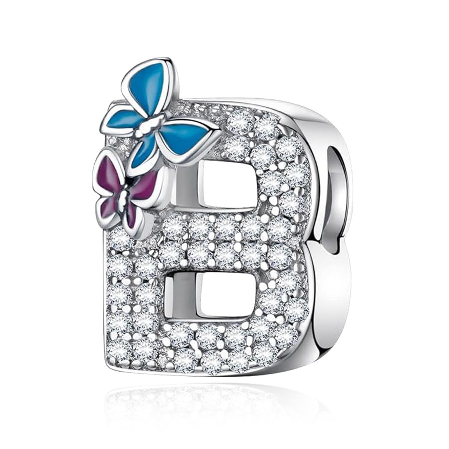 Su-Carata Butterfly-Letter Initial-Alphabet Bead Charms - S925 Sterling Silver A~Z Letters Charms with Cubic Zircon Stones, Butterfly Alphabet Beads