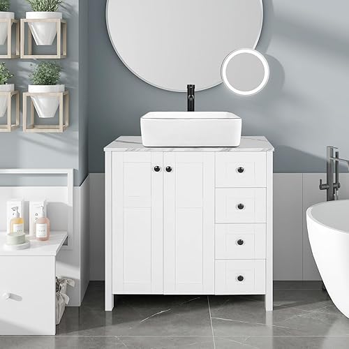 Miniatura 7 de Puluomis Tocador de baño de 32 pulgadas, gabinete de pedestal moderno, accesorio blanco de madera, sin espejo