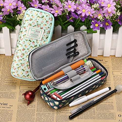 Btsky Cute Pencil Case - High Capacity Floral Pencil Pouch Stationery Organizer Multifunction Cosmetic Makeup Bag, Perfect Holder For Pencils And Pens Dark Blue #TOP6