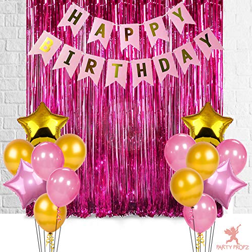 Image of Party Propz 17Pcs Happy Birthday Foil Curtain, Banner (cardstock) and Balloons Decoration Items Combo for Birthday Supplies for Girls, Wife Pink