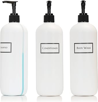 Refillable Body Wash & Shampoo Conditioner Pump Dispenser Set, 19 oz 3-Pack Black Pumps - Silkscreen Labeled Shower Bottles, Empty Plastic Bottles with Pump for Bathroom