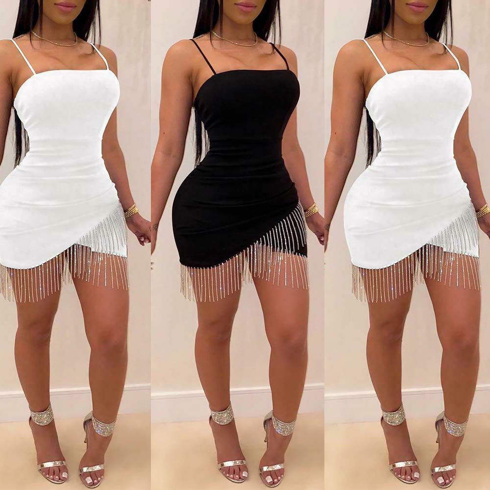 Loalirando Robe à Bretelle Femme Sexy Moulante Mini Robe Crayon Asymétrique Finition Franges Soirée Clubbing Cockail
