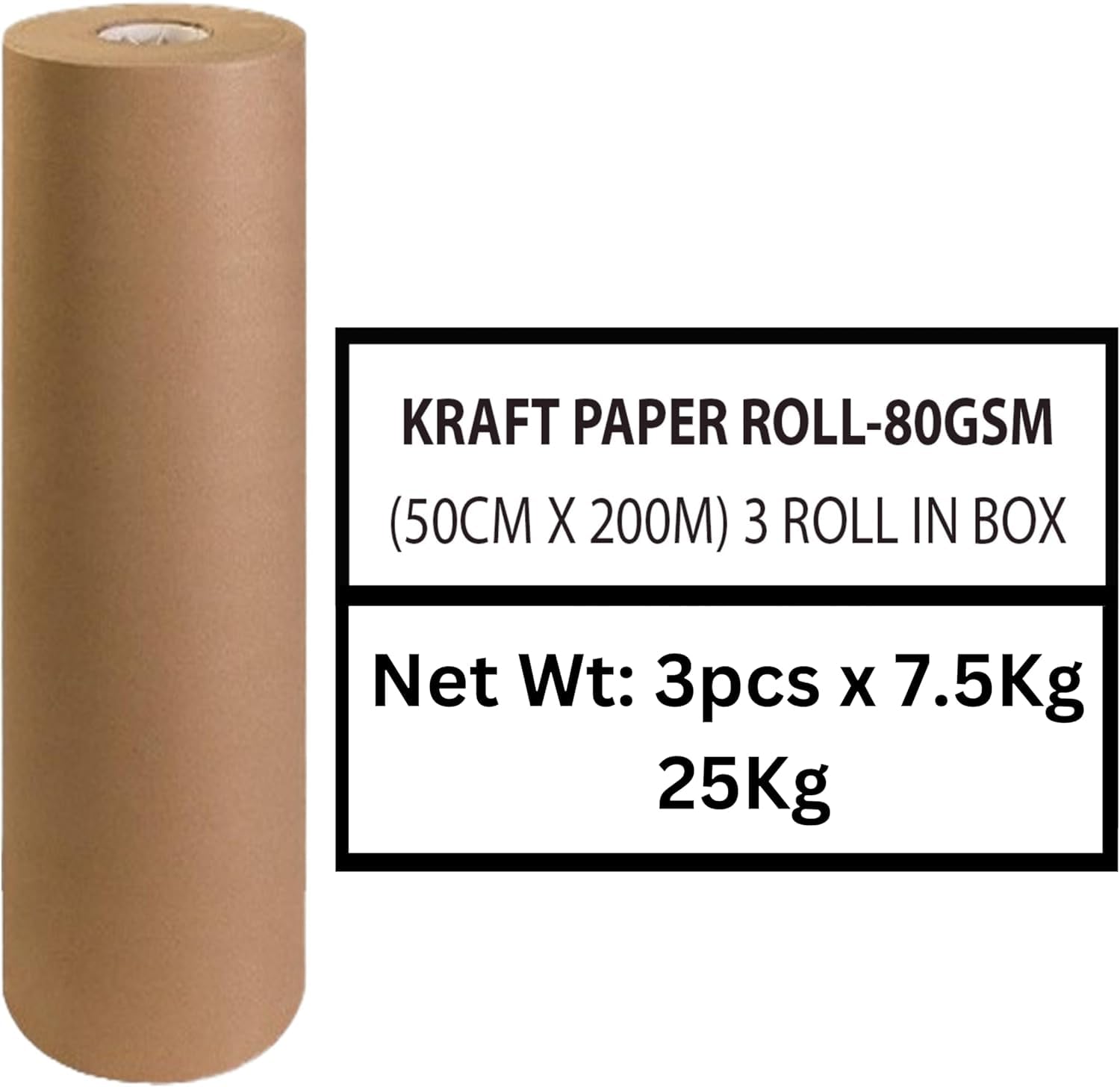 Kajal Rolka papieru typu kraftowego, brązowy, 3 opakowania, 80 g/m² (50 cm x 200 m) – wysokiej jakości papier do pakowania i majsterkowania do różnorodnych zastosowań, 100% poddany recyklingowi