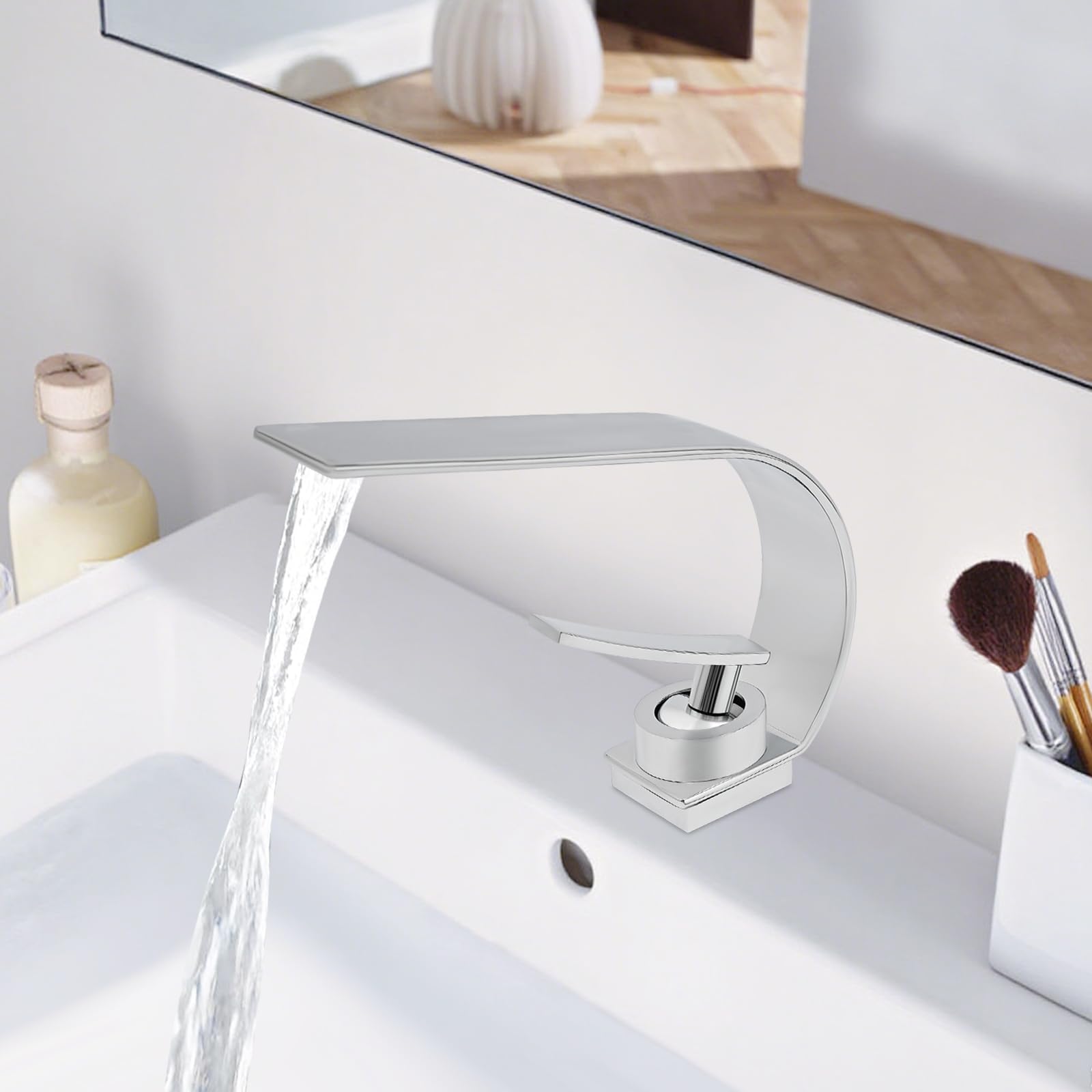 Grifo de baño con cascada, moderno grifo de acero inoxidable, grifo de lavabo con monomando, grifos para agua fría y caliente (plata)