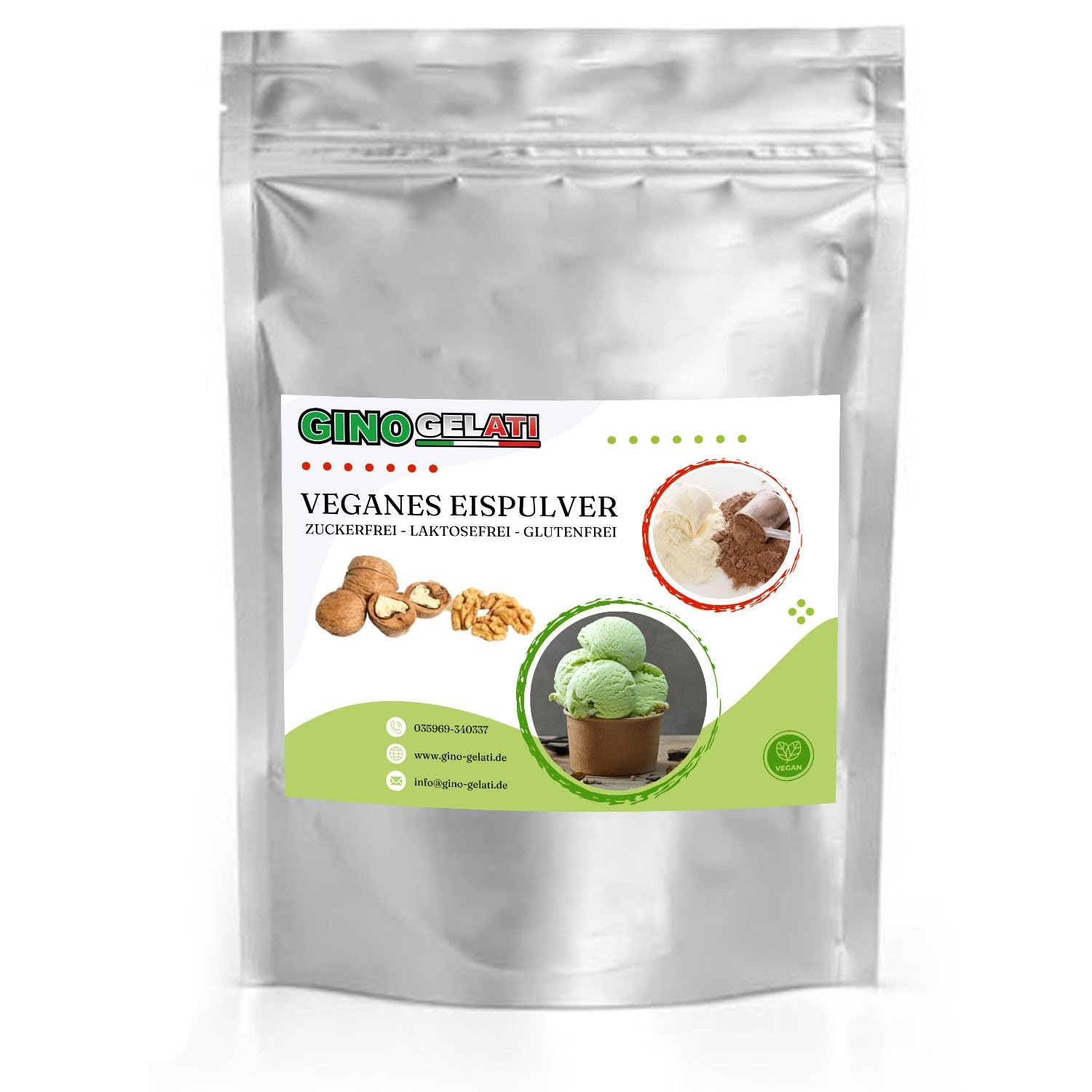 Gino Gelati Nuss Veganes Eis Pulver Zucker-, laktosefrei, verschiede Geschmäcker, schnelle und einfache Zubereitung, Herstellung mit oder ohne Eismaschine (10 Kg, Walnuss)