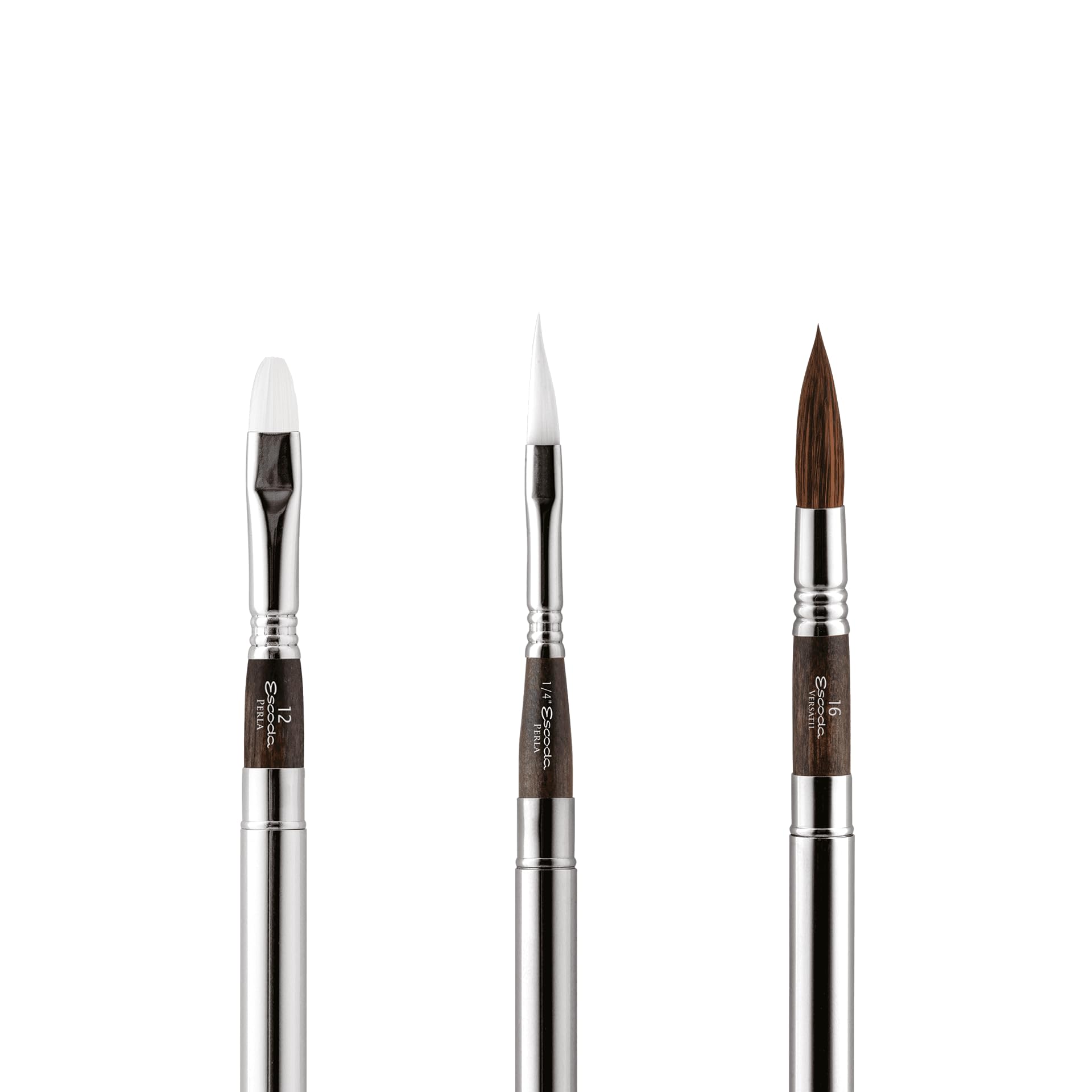 ESCODA Set 3 Pennelli Acquerello - Black Set Viaggio nº.16,1/4",12 Punta Tonda, Spada e Piatto Quadrato Fibra Sintetica Perla Versàtil Professionale Custodia Tessuto Nero Fatto a Mano a Barcellona.