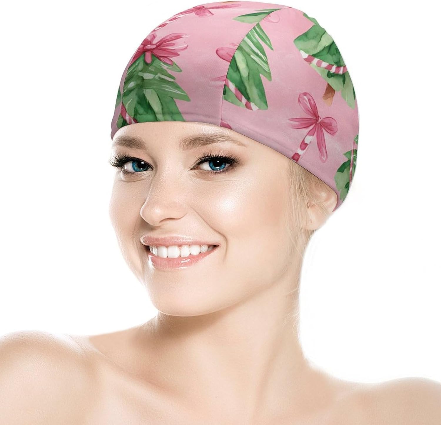 Christmas Tree Candy Canes Bows Womens Swim Cap for Men Adult Swimming Hat Curly Short Medium Long Hair