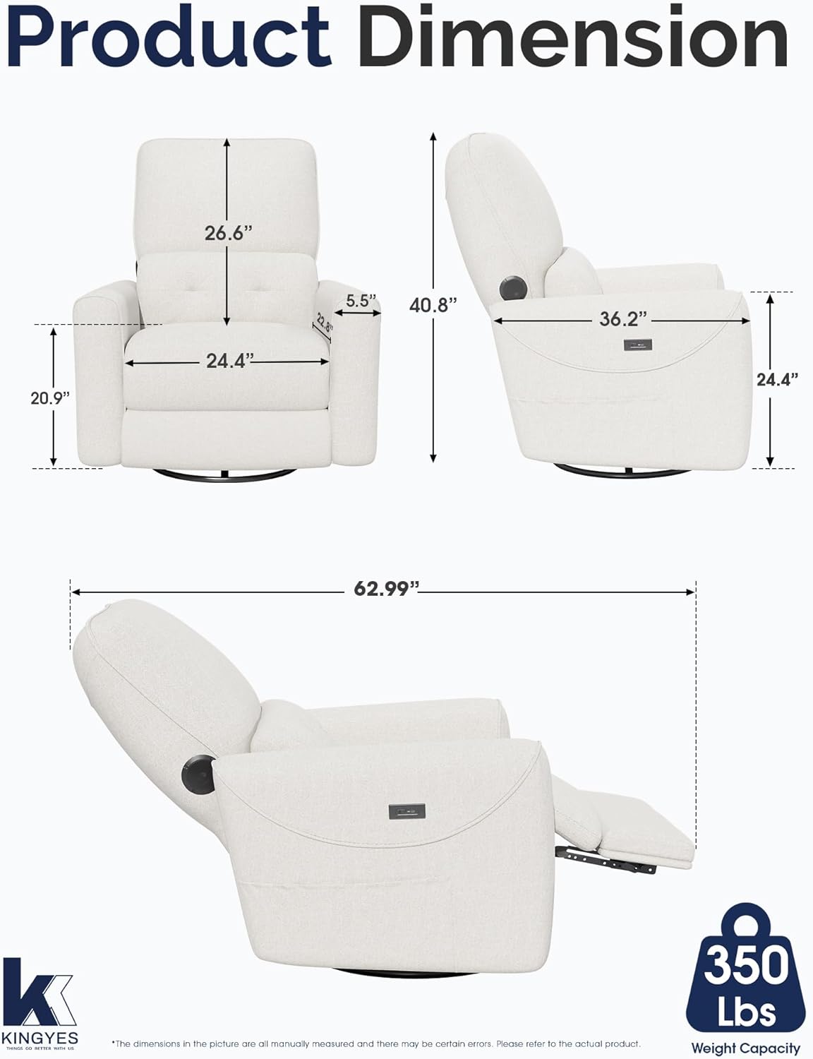 KINGYES Power Recliner Chair, 270° Swivel Glider, Living Room Recliner with USB-C Port, Nursery Rocking Chair, Beige